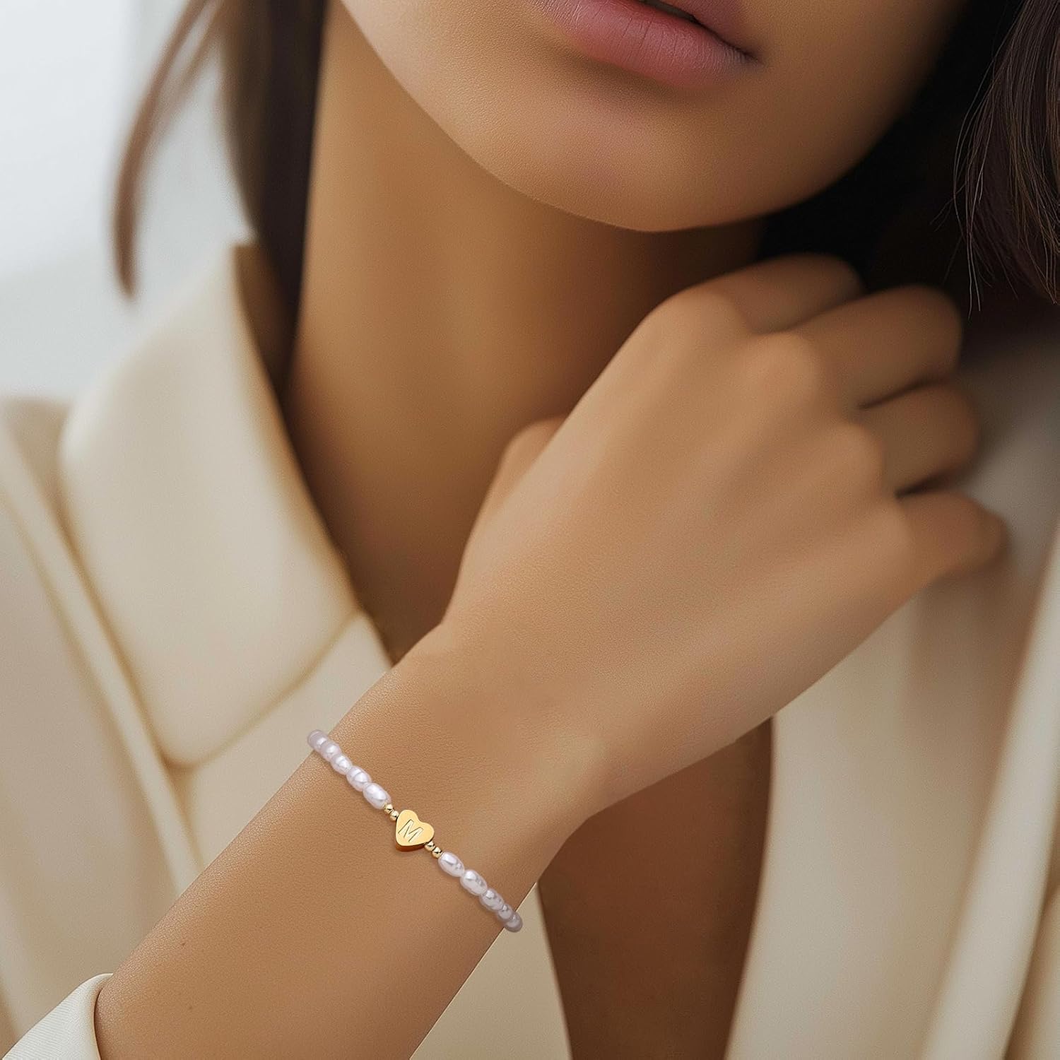 Initial Gold Beaded Heart Stack Bracelets for Women, Dainty Boho Handmade Pearl Stackable Stretch Fashion Jewelry Gift. - Image 2