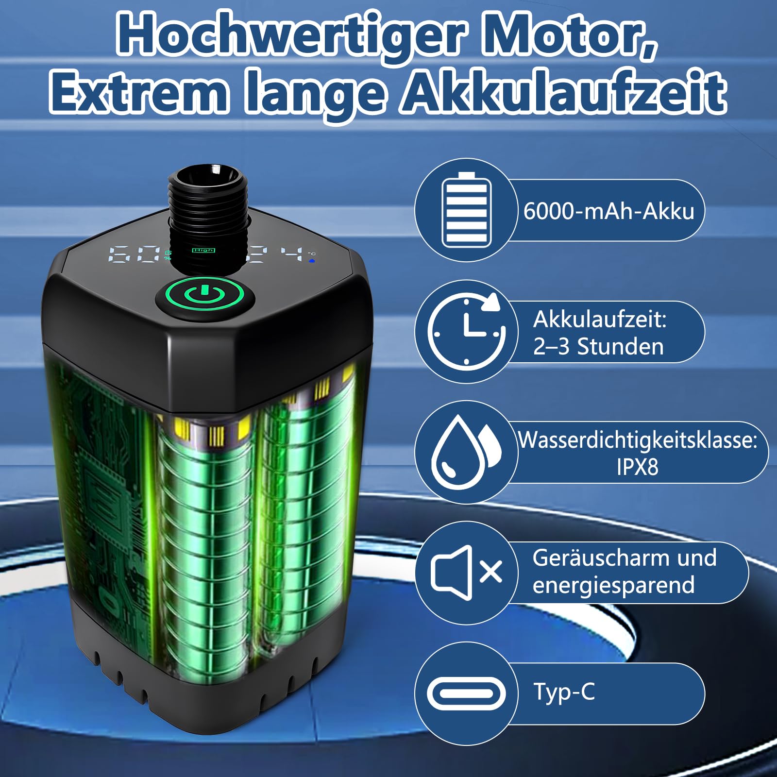 Ducha Portatil Agua Caliente 6000 mAh, Ducha Portatil Camping | con Función de Calefacción y Cubo Plegable de 20 L, Batería de Ducha de Camping con Indicador de Temperatura para Viajes al