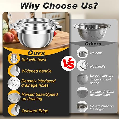 Miniatura 4 de Colador, colador de acero inoxidable con cuencos para mezclar (3.5 cuartos de galón), 3 coladores para utensilios de cocina, cesta de colador de