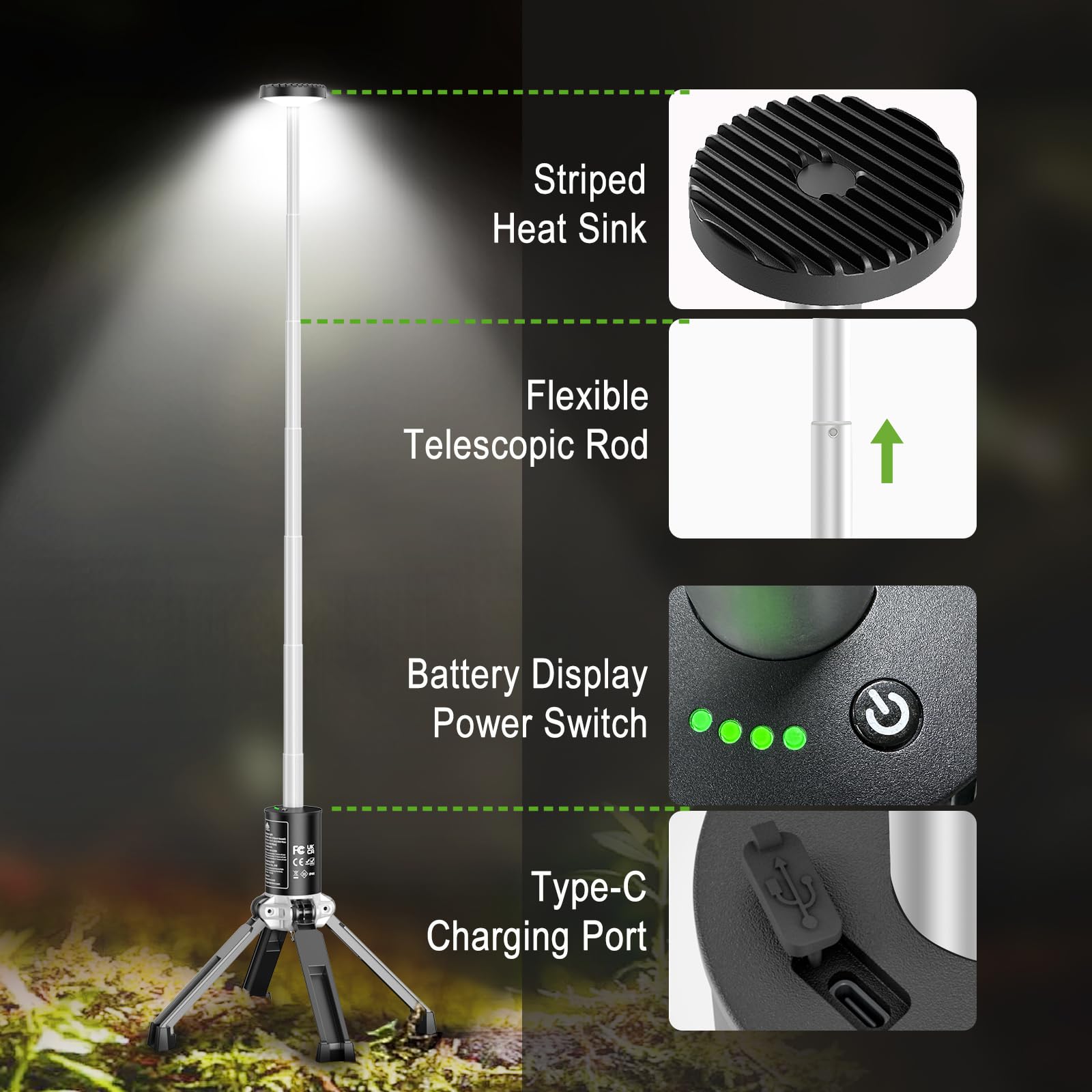SakerPlus Portable Camping Light With Stand, 20000mAh Outdoor Work Light 800-3200 Lumen, 6.1ft Height With Detachable Tripod, 3300-6500K Dimmable LED, Camping Essentials Gear Emergency Flashlight - View #10