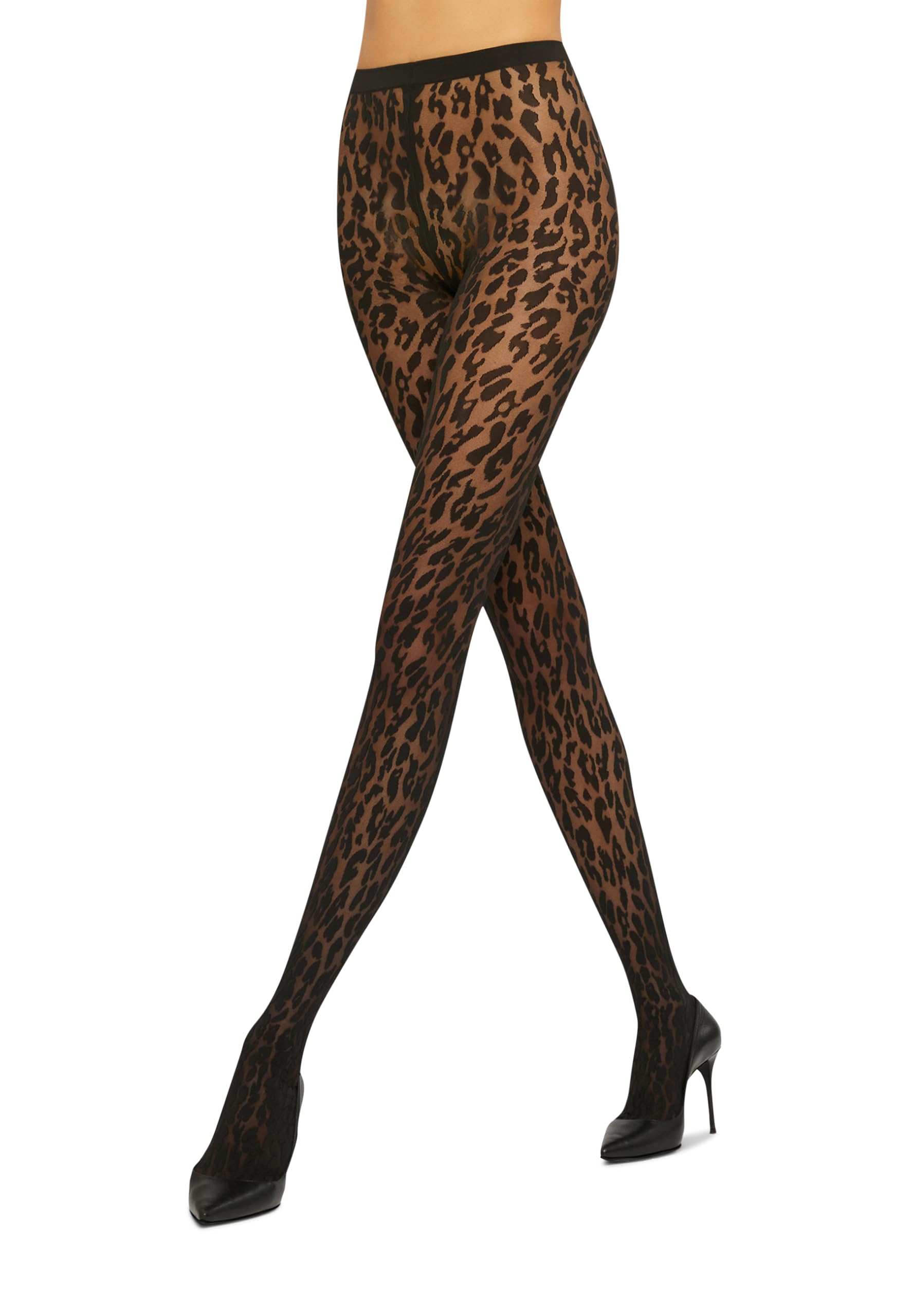 Wolford Women's Black/Black Leo Tights 20 Denier Pantyhose For Leopard Print Sheer Opaque Animal Pattern Hosiery With Knitted Waistband, Xs