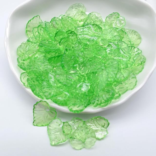 100Pcs Green Acrylic Leaf Beads, 15mm Craft Beads with Holes for DIY Jewelry Making, Earrings, Bracelets and Boho Necklace Charms