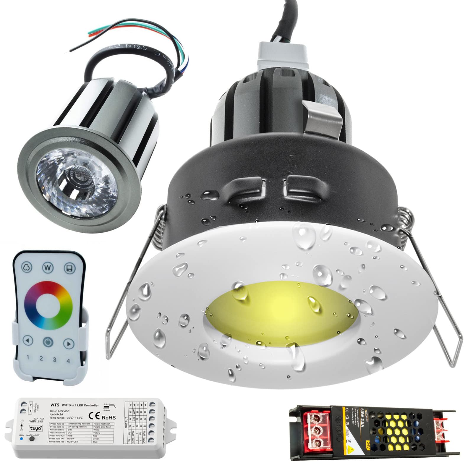 [Kit profesional de 2 focos] foco LED 24 W empotrable cromoterapia luz baño cabina ducha IP65 RGB RGBW 24 V alimentador controlador WiFi mando a distancia incluidos ducha sensorial regulable juegos de