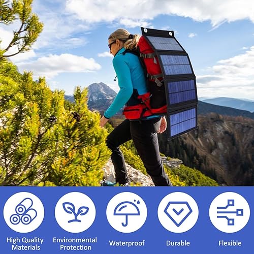 Vista 6 de Panel solar de 30 W, cargador plegable monocristalino premium IP65 impermeable USB cargador de energía solar con 2 ganchos y 1 adaptador, cargador