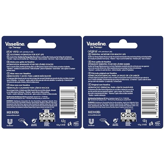 Vaseline Lip Therapy Variety 4-Pack Original + Aloe Vera Moisturizing Lip Balm with Vitamin E, 0.16 Oz Ea