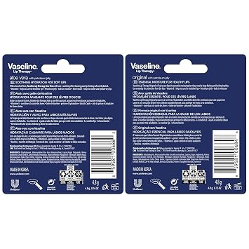 Vaseline Lip Therapy Variety 4-Pack Original + Aloe Vera Moisturizing Lip Balm with Vitamin E, 0.16 Oz Ea