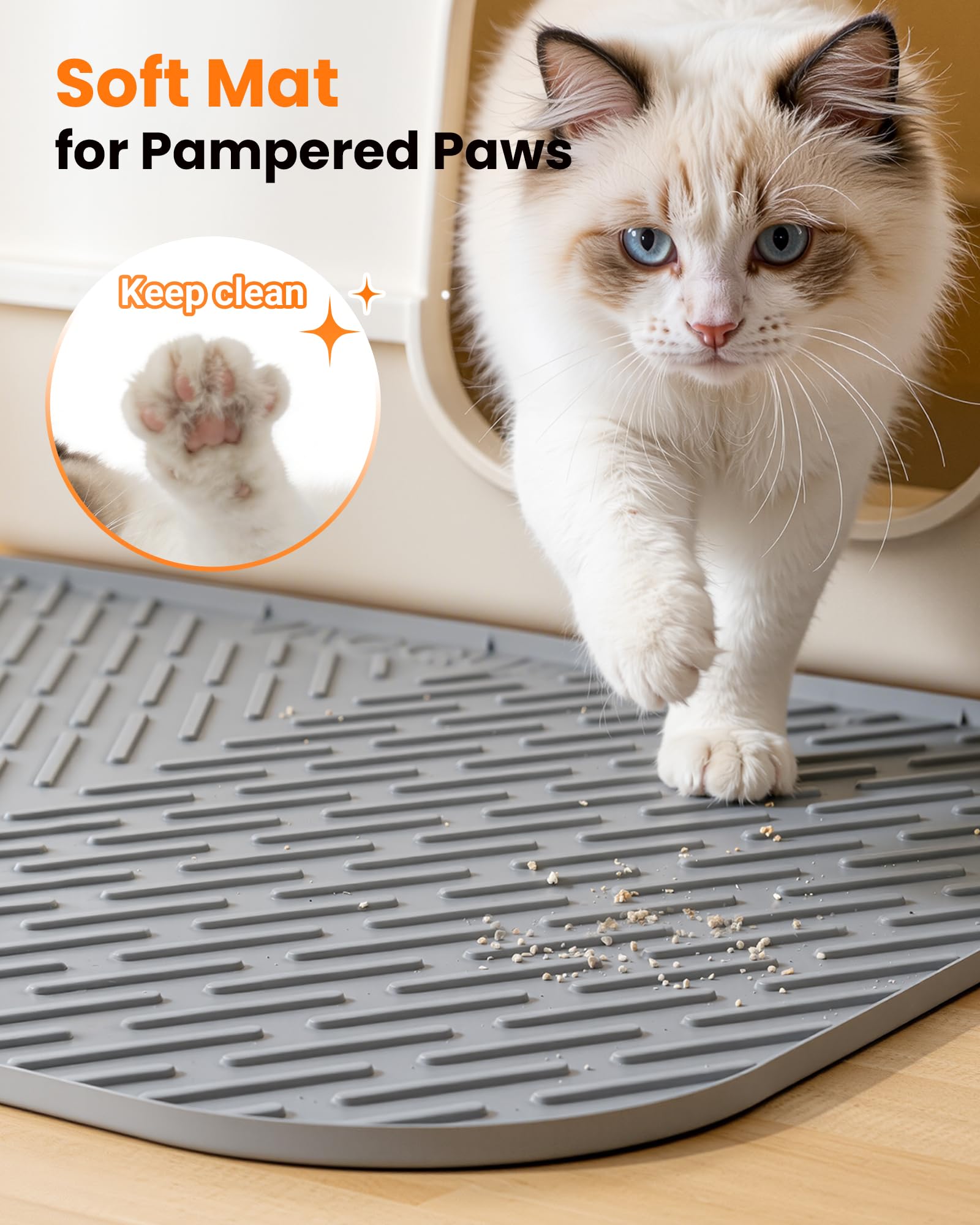 Cat Litter Box Mat, 47" x 37" Extra Large Cat Litter Mat, Silicone Waterproof Litter Trapping Mat for Scatter Control Soft on Kitty Paws Non-Slip Easy to Clean（Grey) - image 5