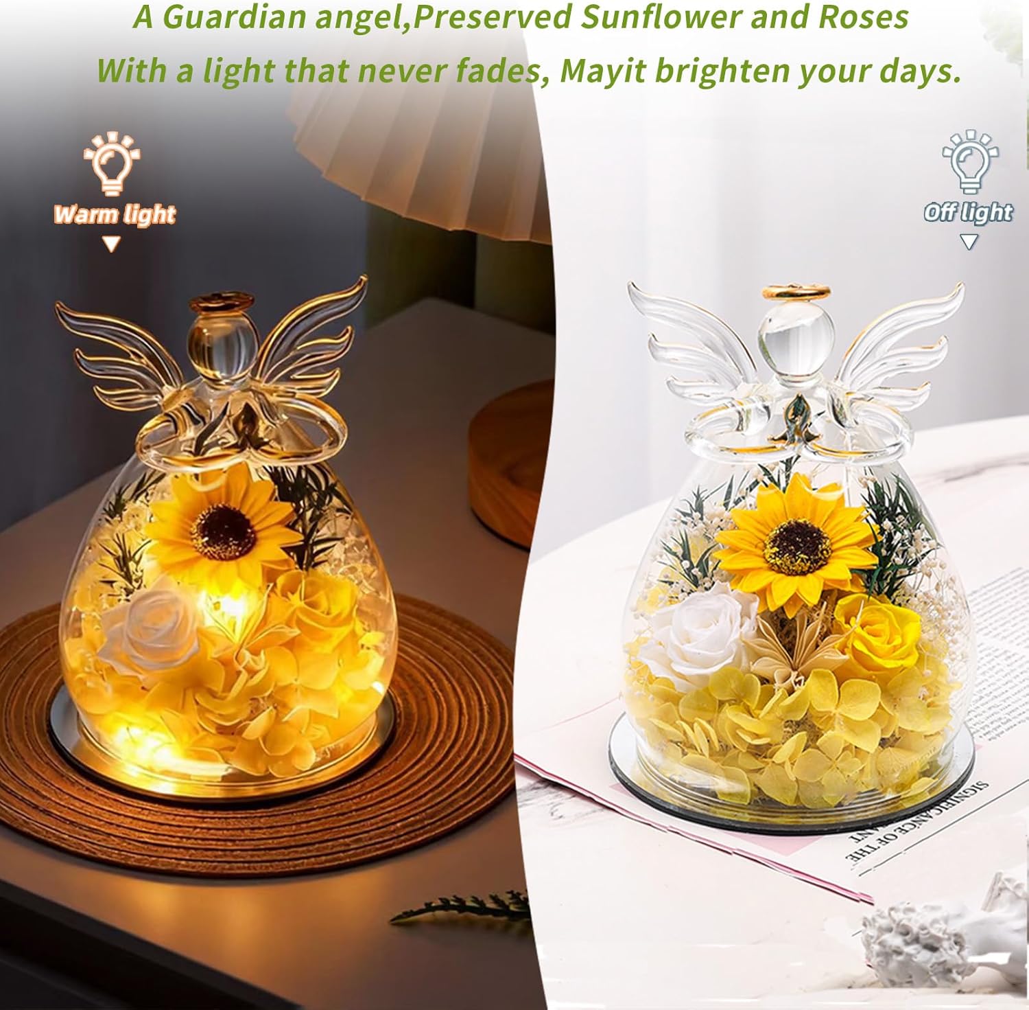 Angel Glass Dome with LED Lights, Preserved Sunflower and Rose Arrangement, Crystal Wings Topper,for Mother's Day,Valentine's Day,Birthday,for Indoor,for You to Send Love for All Occasions