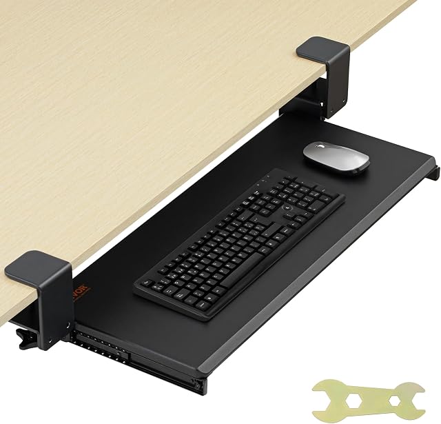 VEVOR Plateau pour clavier sous le bureau, tiroir pour clavier/souris coulissant sous le bureau avec montage robuste sans perçage, grand tiroir coulissant de 26.8 x 11 po pour taper à la maison, au travail