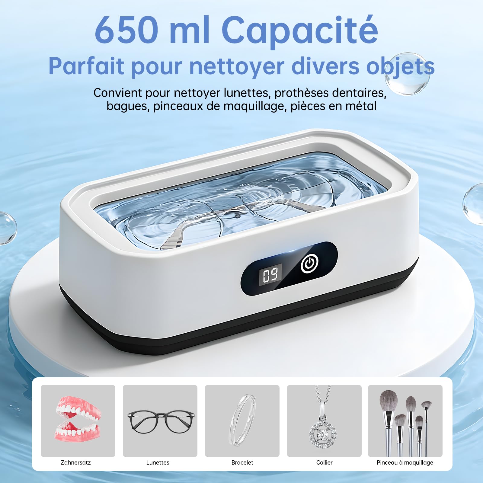 Nettoyeur à Ultrasons 49 kHz, Capacité 650 ml, Nettoyage à 360°, Appareil de Nettoyage pour Lunettes, Bijoux et Pinceaux de Maquillage