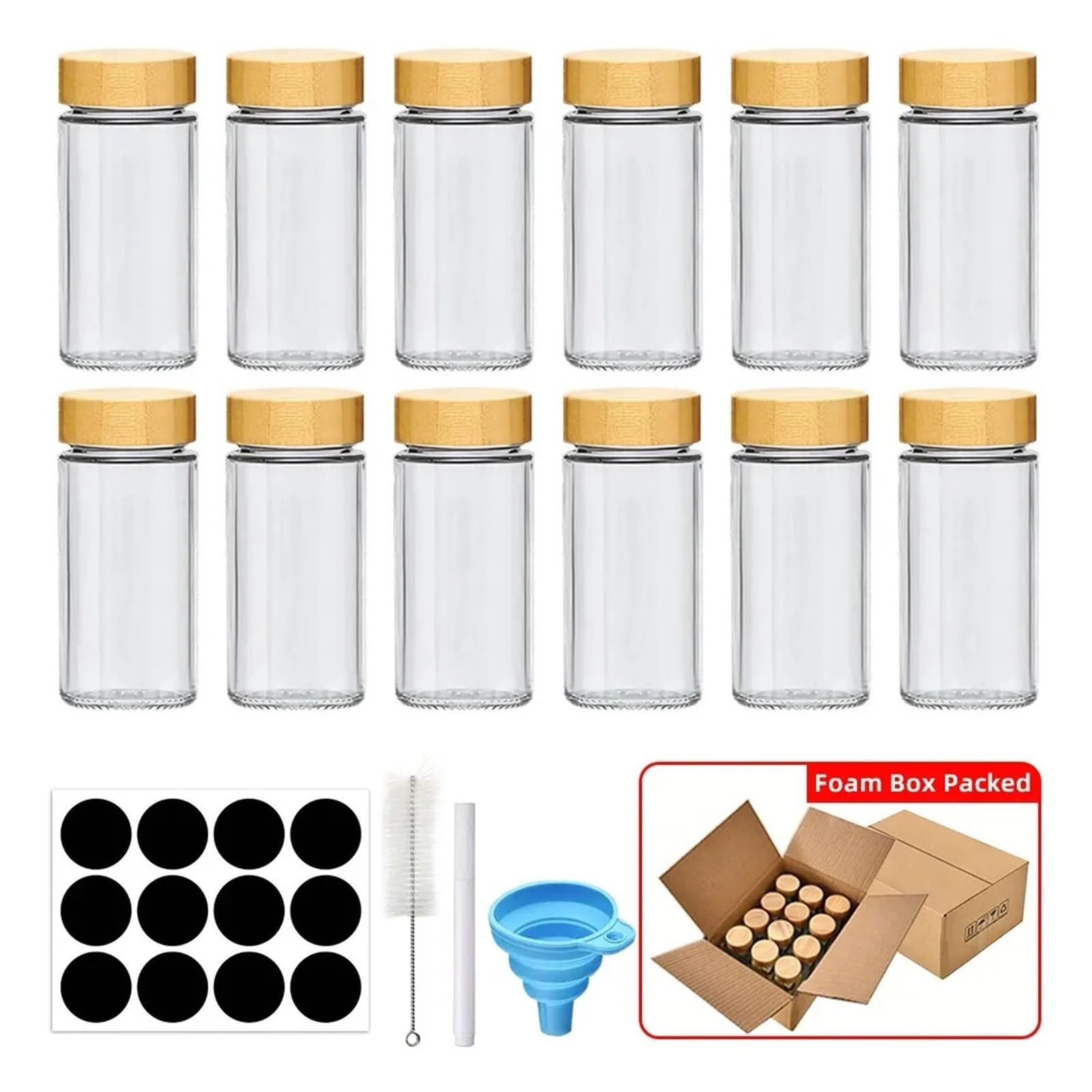 Generisch 12-teiliges Gewürzdosen-Set aus Glas mit Bambusdeckeln
