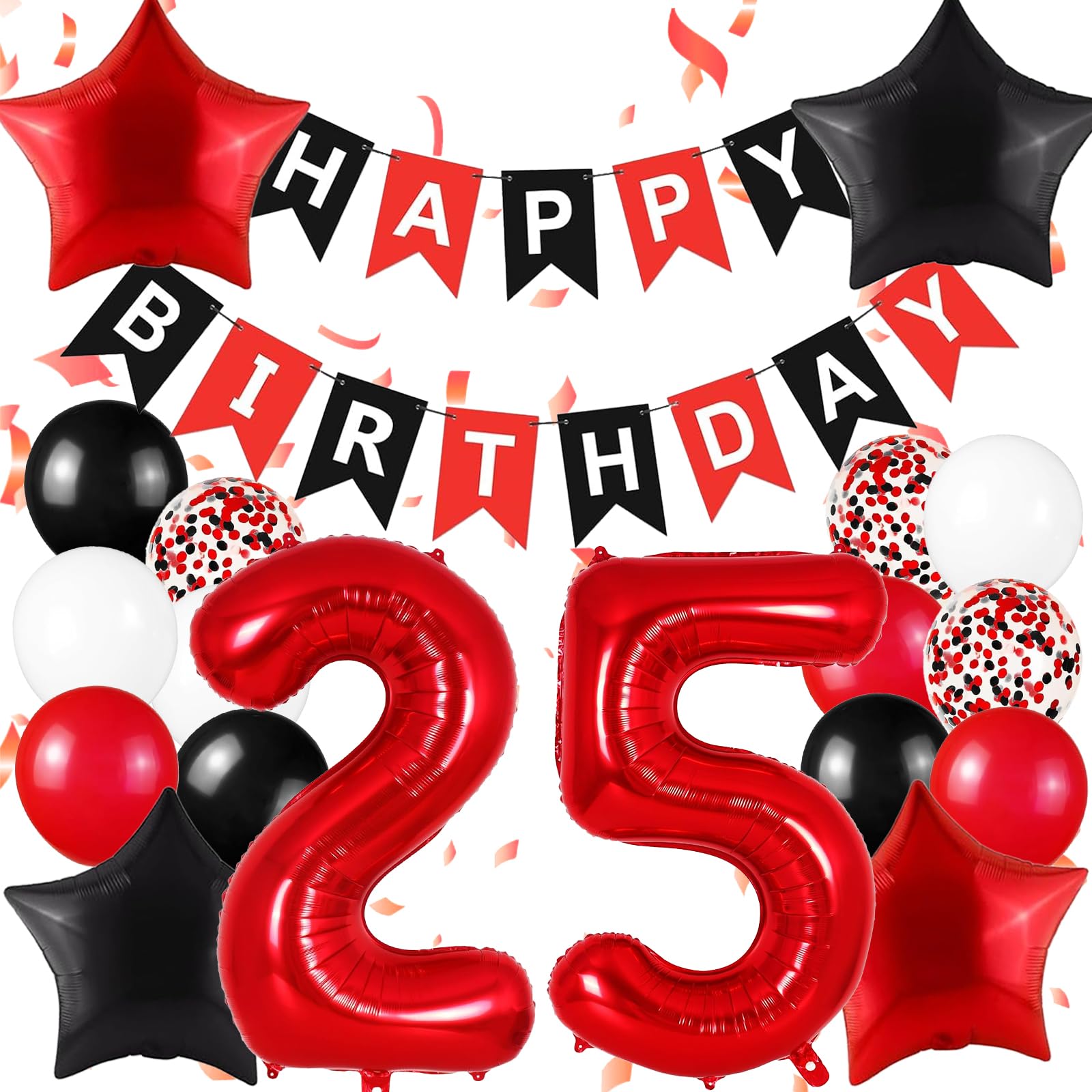 Happy 25th Birthday Decorations For Women Men, Black And Red Happy Birthday Banner, Red 25 Balloon Numbers 40 Inch, 25th Birthday Balloons For Red And