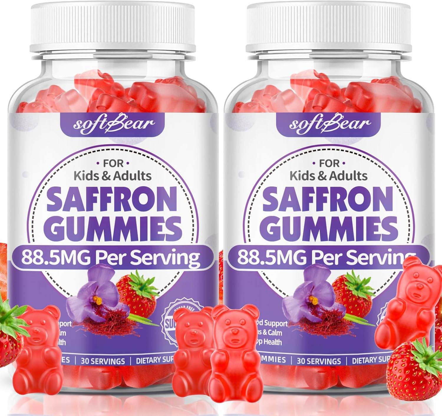 softbear Saffron Gummies for Kids & Adults, 10-in-1 Organic Saffron Supplements with 88.5mg Saffron Extract Support Calm Mind & Focus & Zzz, Sugar Free/Non-GMO, Strawberry Flavor 120 Count