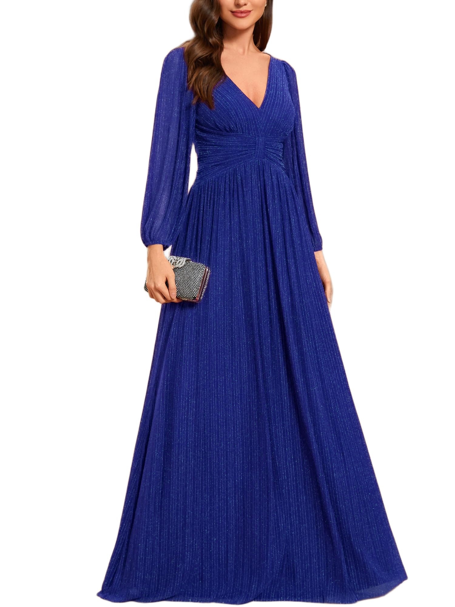 Ever-Pretty Abito da Sera Lungo con Paillettes, Plissettato, A Linea, Scollo A V, Elegante Ee01961