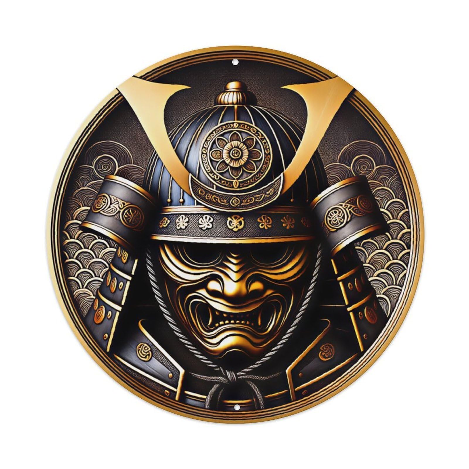 Ldfuieksufg Style Round Black Gold Japanese Samurai Helmet Wave Metal Wall Sign Vintage Aluminium Metal Sign, Retro Wall Decor For Home, Bar, Garage & Farmhouse 20X20cm