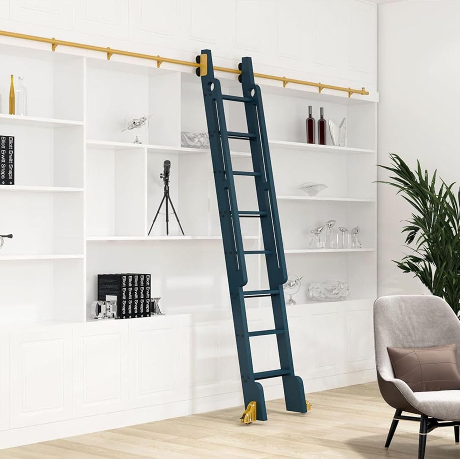 Kit rail coulissant échelle bibliothèque ronde dorée 600cm avec freins