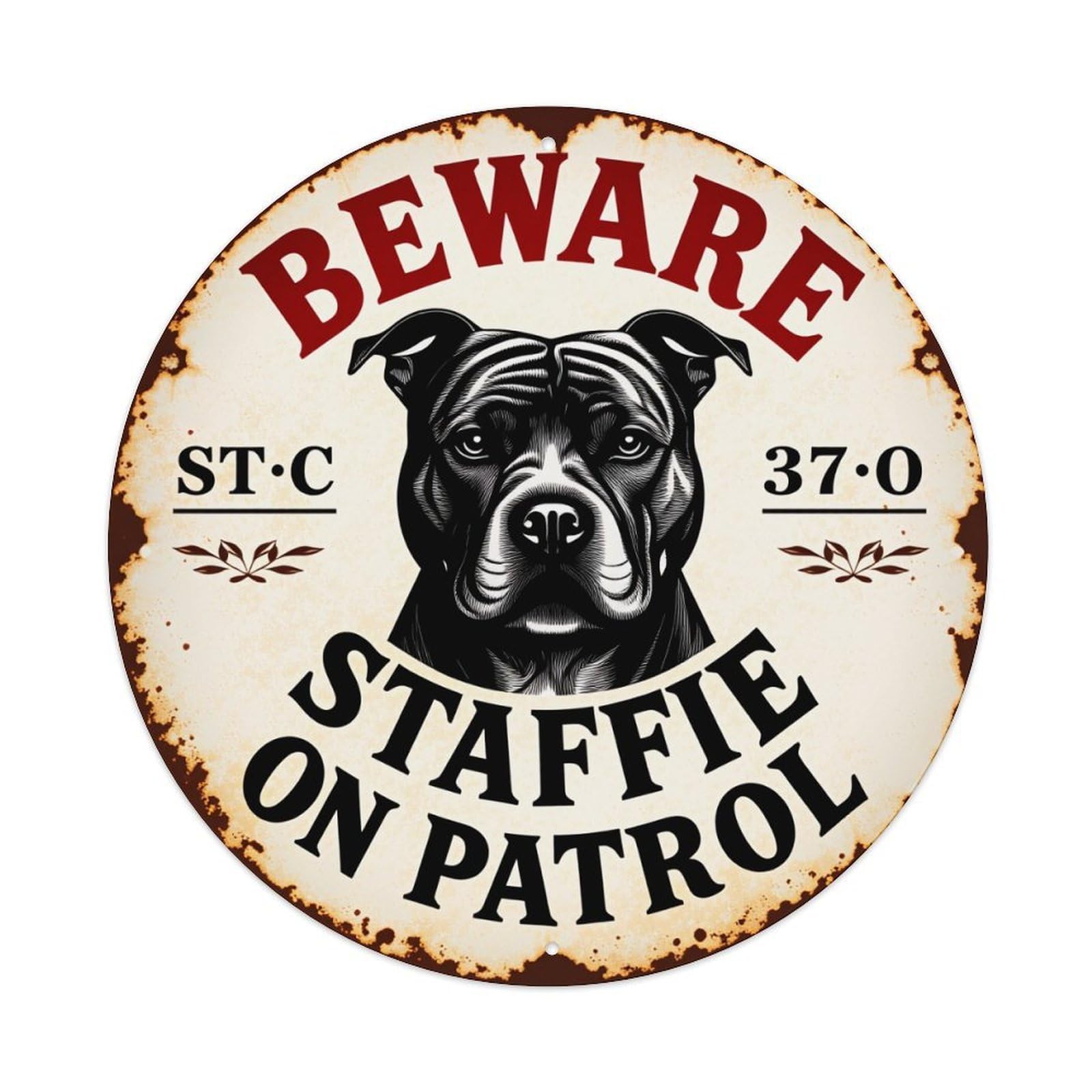 Beware Staffie On Patrol Sign With Dog Portrait Round Vintage Tin Sign,Retro Wall Art,Metal Poster for Home, Bar, Garage, Cafe, Rustic Indoor & Outdoor Decor, 8x8 Inches