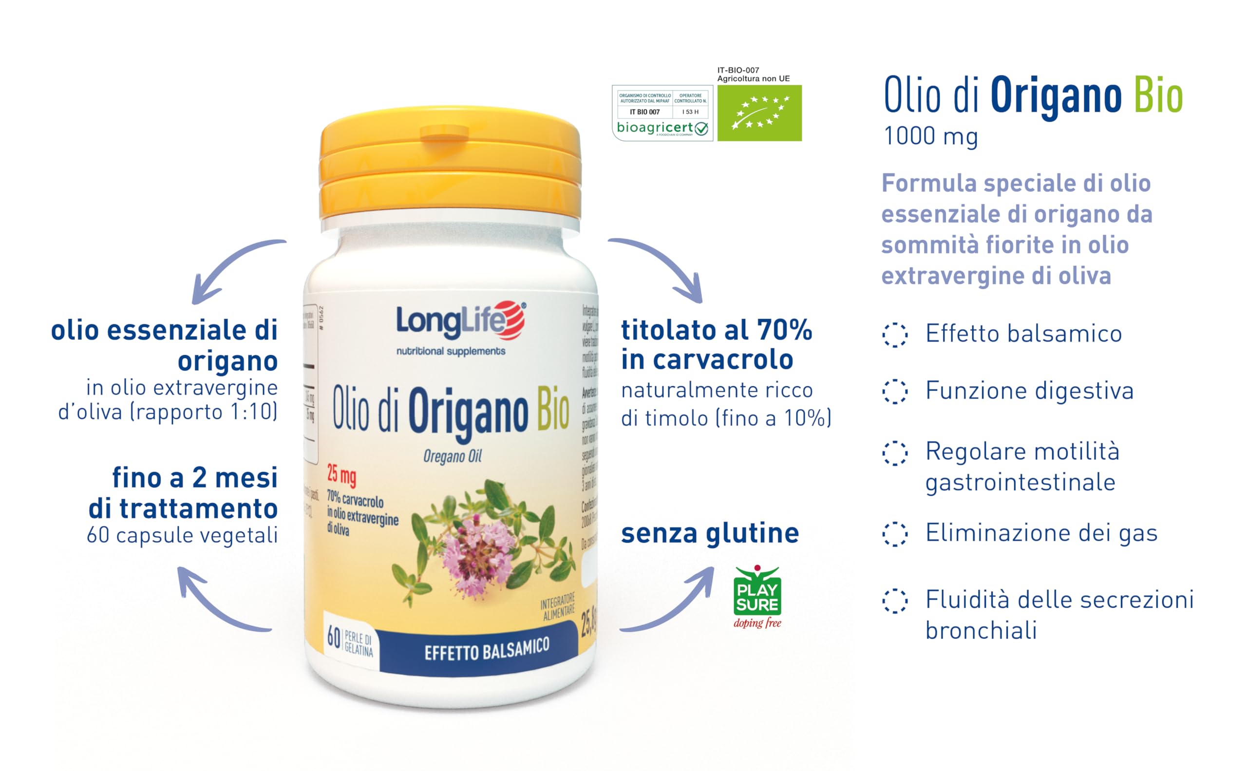 LongLife® Olio di Origano BIO | 70% Integratore di olio essenziale di origano con olio extravergine oliva | Effetto balsamico per stomaco e intestino | 60 perle | Senza glutine