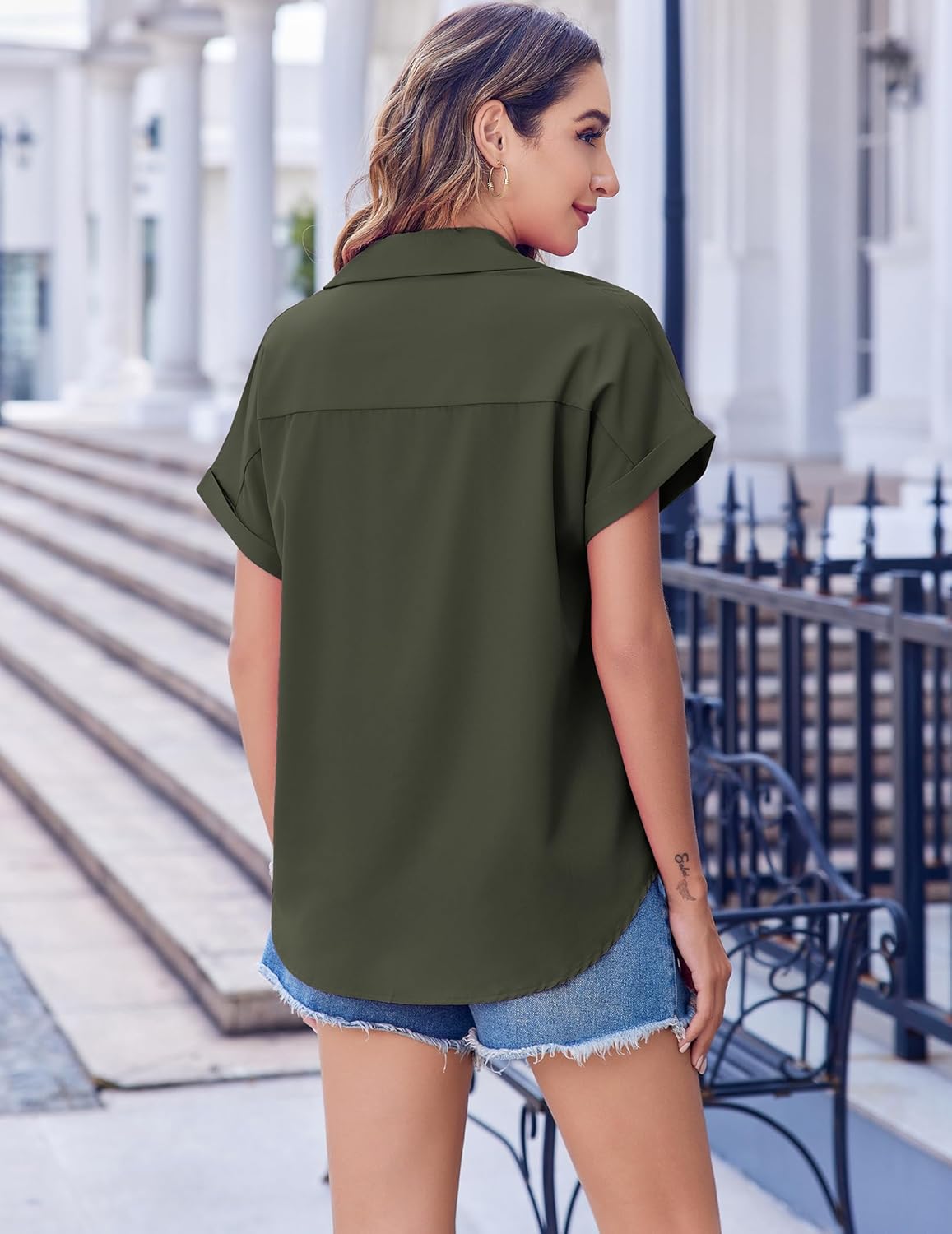 Zeagoo Short Sleeve Summer Tops for Women Casual Button Down Shirts Solid/Striped Business Work Blouses - Image 5