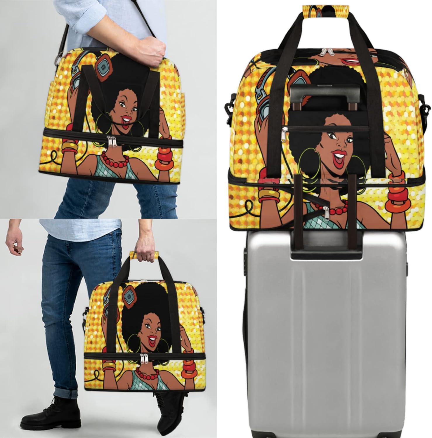 African Woman Pop Music Travel Duffle Bag, Sports Gym Bag With Shoes Compartment Weekender Bag Overnight Bag For Women Men