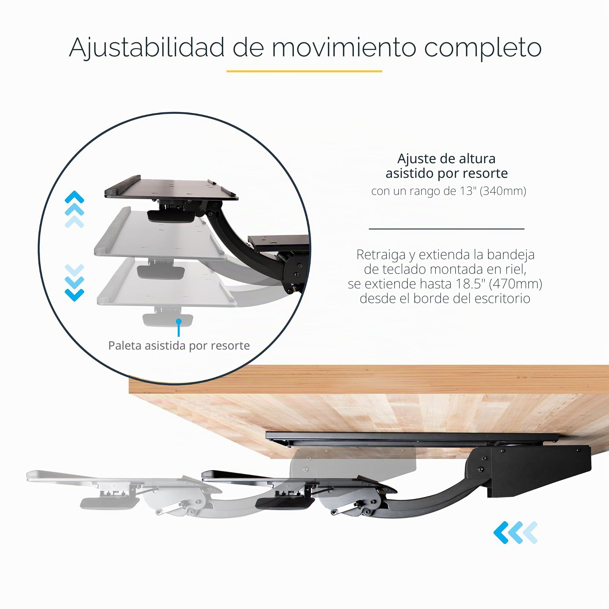 StarTech.com Bandeja para Teclado y Ratón para Debajo del Escritorio, 30cm x 78cm, Altura Ajustable, Soporte Ergonómico para Teclado y Mouse, Soporte para las Muñecas, Giro e Inclinación (KBTRAYADJ2) | Bandeja de teclado y mouse ajustable en altura y movi