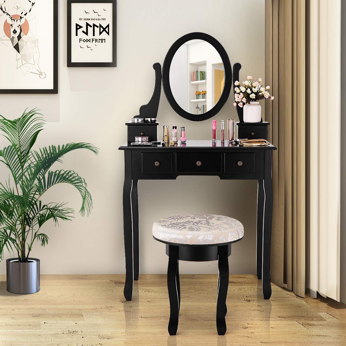 CHARMAID Vanity Set with 360° Rotatable Oval Mirror, Modern Makeup Dressing Table with Cushioned Stool for Girls Women Bedroom, Black