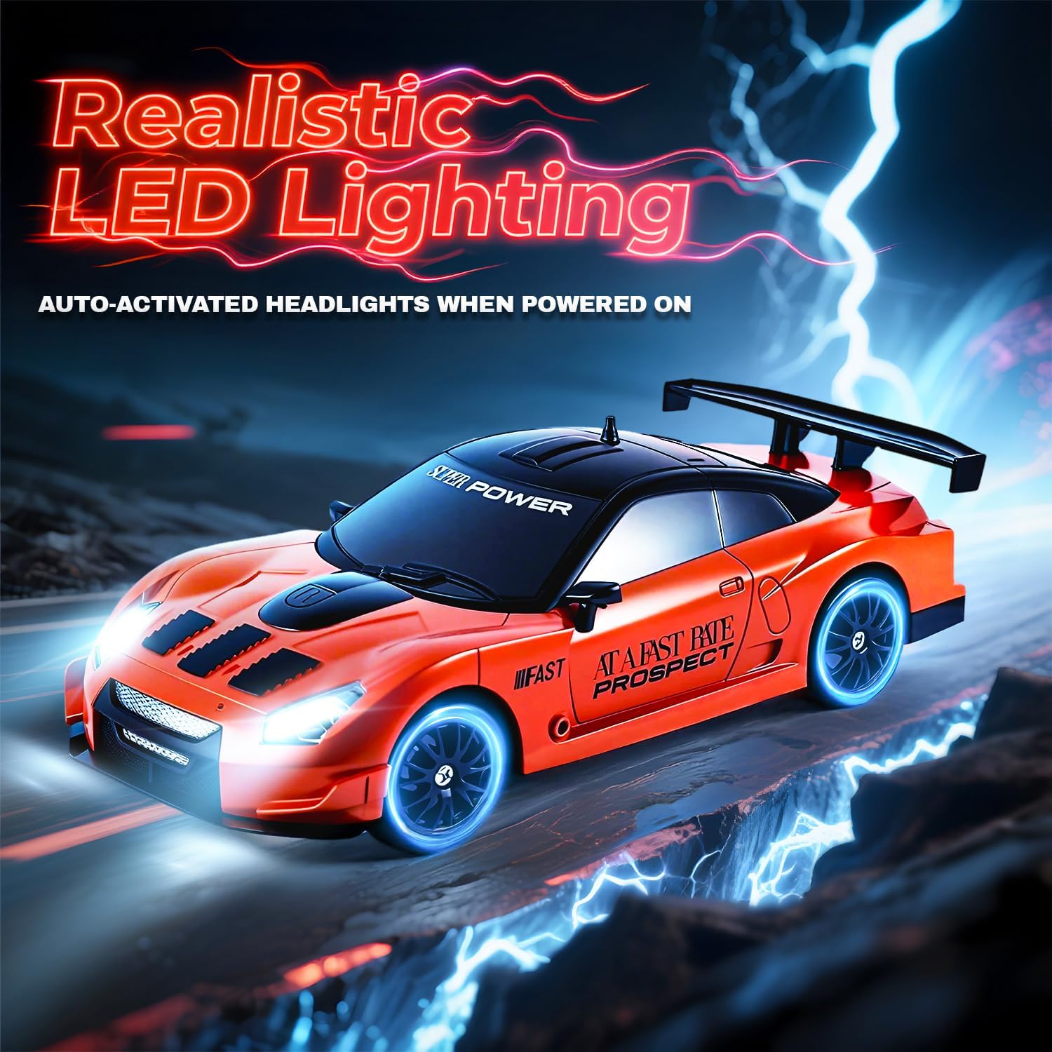 SANCO 1:24 RC Racing & Drift Car with LED Lights, 2.4GHz Remote Control Vehicle, Includes 2 Batteries & 2 Sets of Tires, Hobby Toy for Adults, Boys & Kids(Orange)