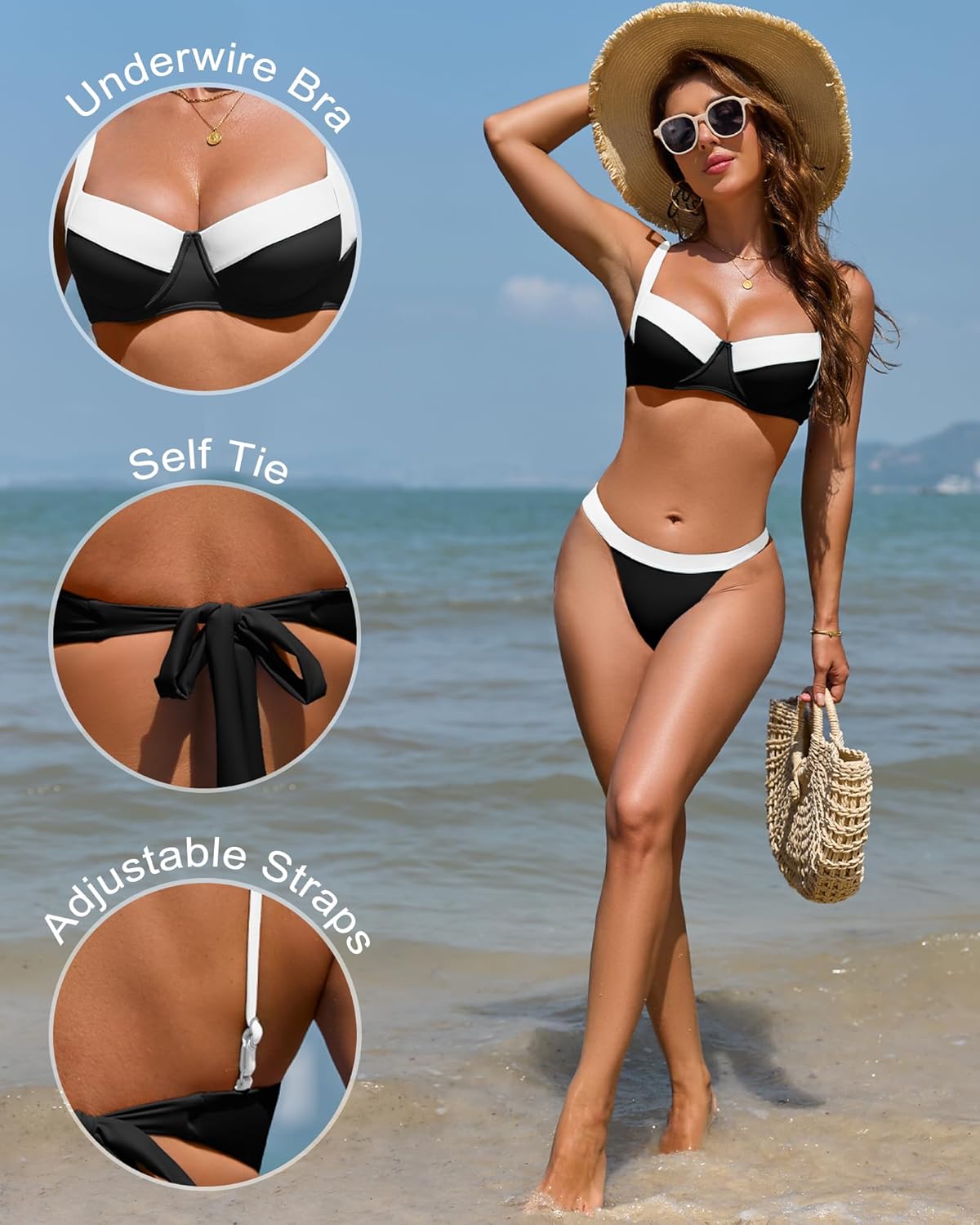 Jolefile Women Underwire Bikini Tops Color Block Swimsuit Tops Molded Cups Push Up Bathing Suit Adjustable Tie Back Swim Top - Image 4