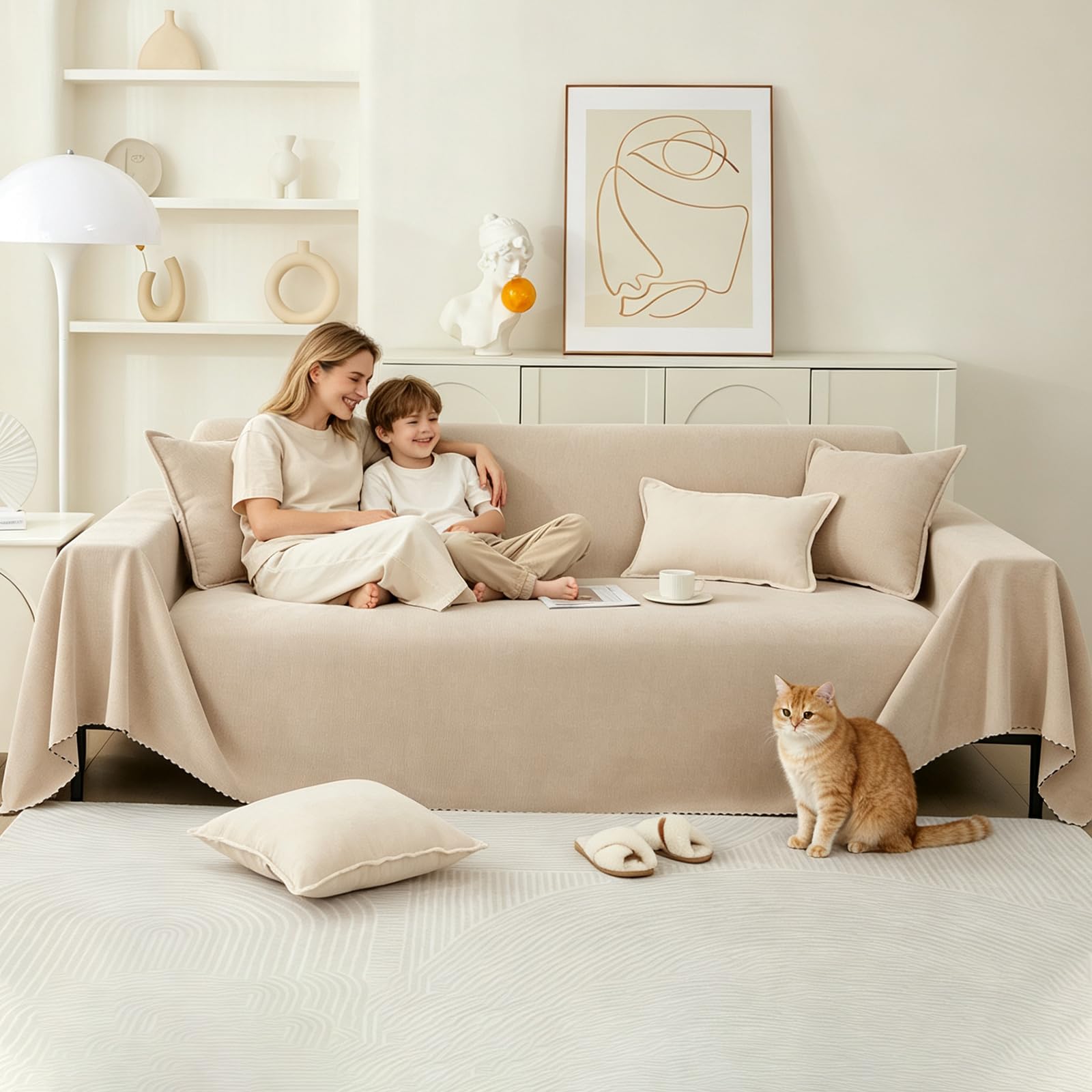 PETCUTE Fundas de Sofa, Protector Funda Sofa Cómodo y Suave, Fundas Sofá 1/2/3 Plazas,Universal, Reversible,Funda Sofas Gatos y Perros Mascotas,Cubierta Protectora de Sofá,Té con Leche,180 * 420cm