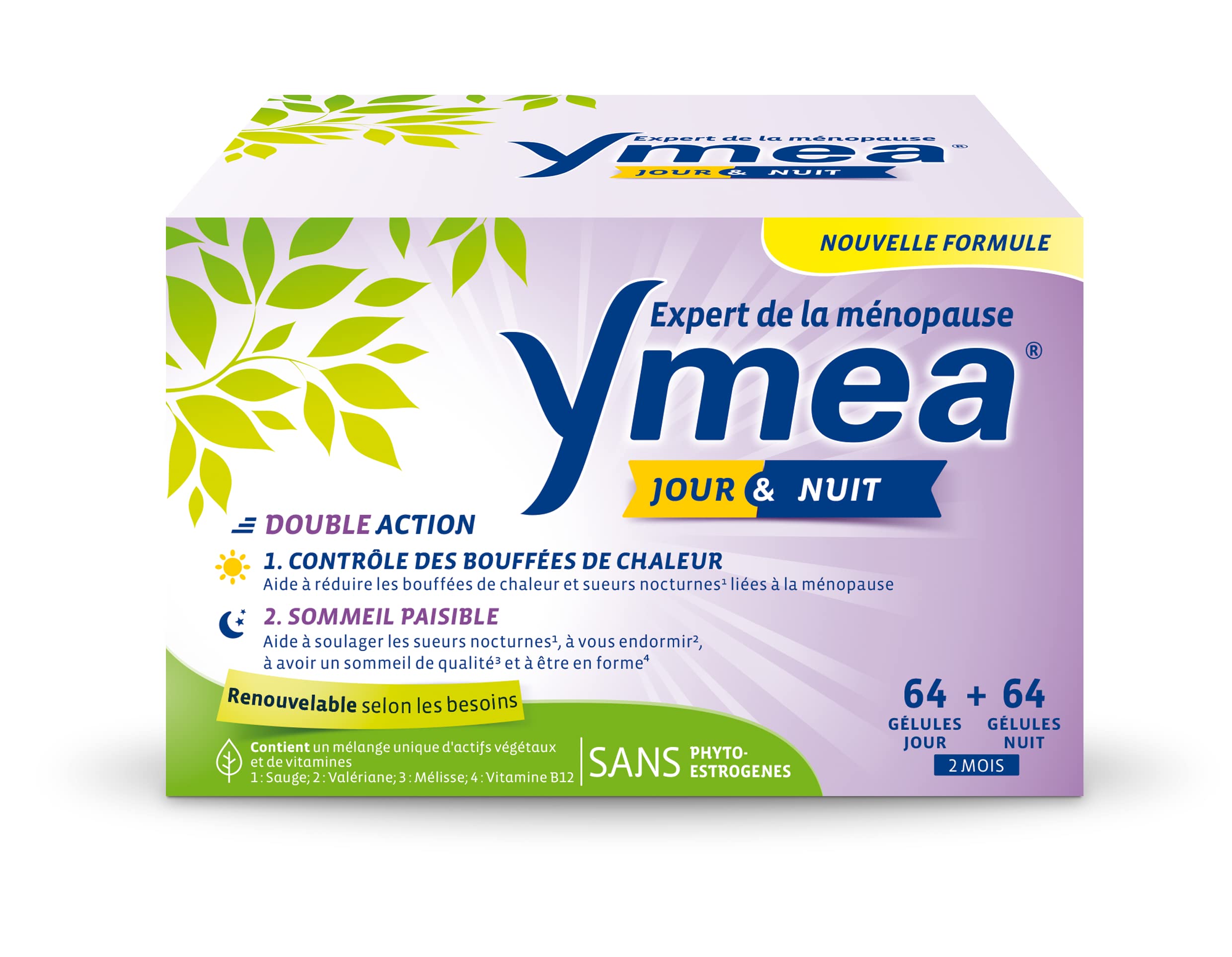 Ymea Jour & Nuit - Complément Alimentaire ménopause1 - actifs végétaux et vitamines - contrôle des bouffées de chaleur1 et sommeil paisible2;3-128 gélules - 2 mois