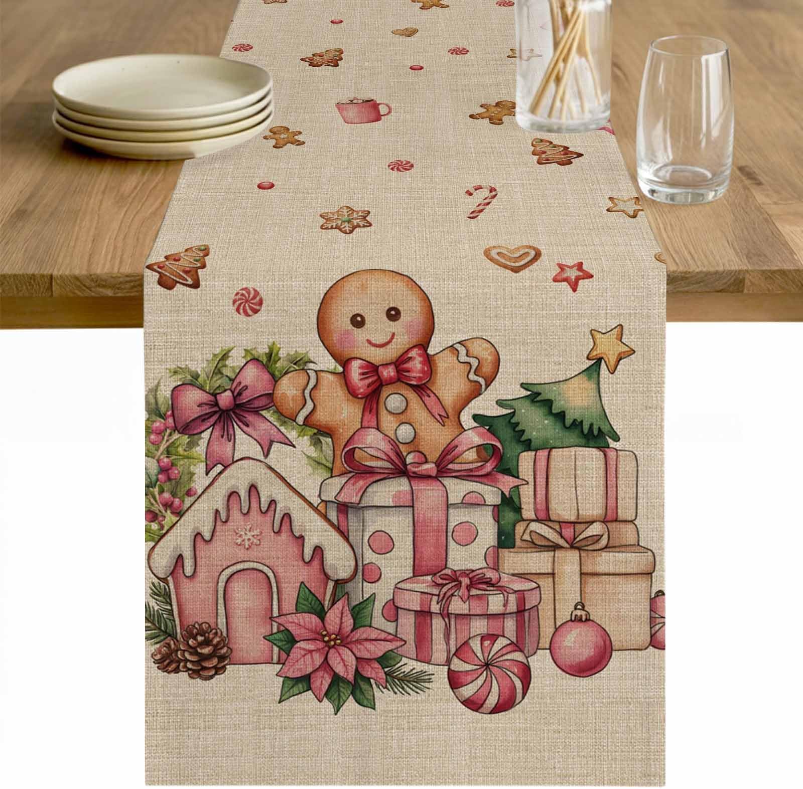Beige Gingerbread Christmas Table Runners 120 Inches Long, Coffee Table Runner, Xmas Tree Gift House Star Farmhouse Tablerunners Decorative Dress Scarves for Party/Dresser/Living Room 13"x120"
