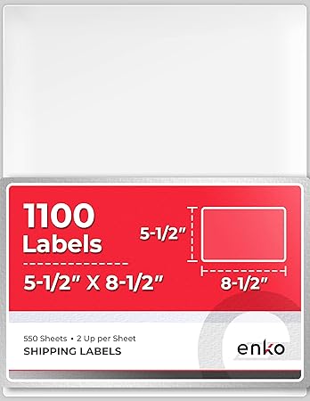 enKo - 5-1/2 x 8-1/2 Inch Label - White Blank - 2 Per Sheet Half Shipping  Labels for Laser Inkjet Printer (550 Sheets, 1100 Labels)