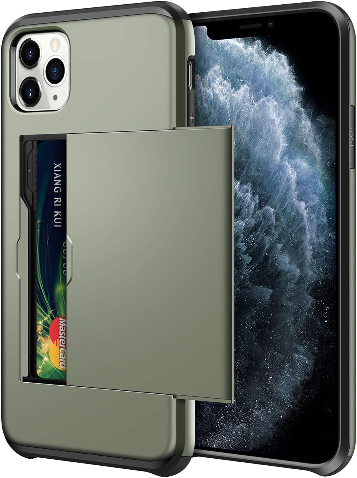 SAMONPOW Wallet Case for iPhone 11 Pro Case with Card Holder Dual Layer Hybrid Shell Heavy Duty Protection Shockproof Anti Scratch Soft Rubber Bumper Cover Case for iPhone 11 Pro 5.8 inch Olive Green