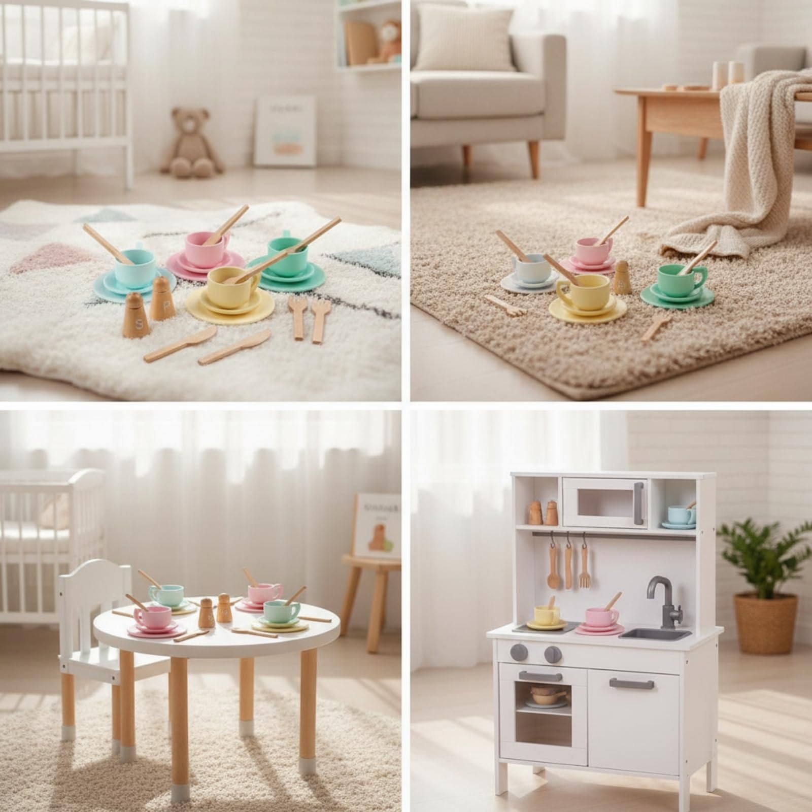 Set da tè con Cucchiai Sicuro | Realistico, Arrotondato, Servizio da tè con Tazze e sottotazze, per Area Giochi, Bambini
