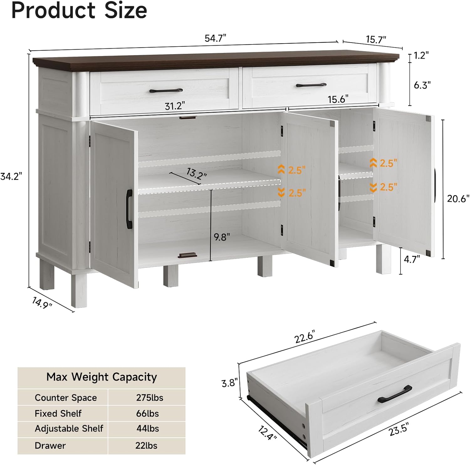 55 Inches Buffet Cabinet with Storage, Farmhouse Sideboard Buffet w/2 Drawers and 3 Doors, Wood Coffee Bar Cabinet with Adjustable Shelves, Sideboard Storage for Kitchen, Living Room, Off White