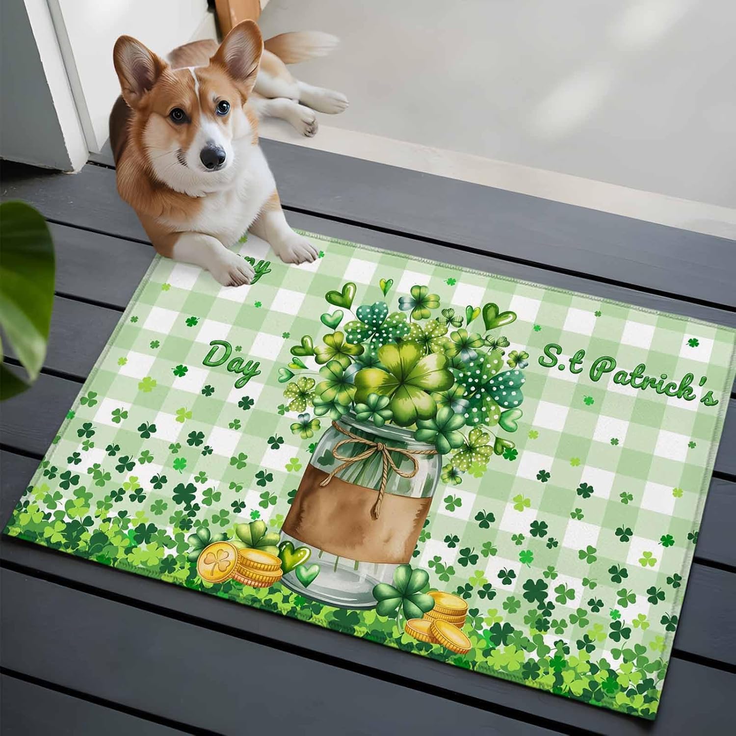 St. Patrick's Day Bathroom Rug Washable 2x3 Entryway Rug Non Slip Spring Botanical Clovers Coin Green Check Front Door Mat Low Pile Indoor Doormat Throw Floor Carpet for Kitchen Bedroom Entrance