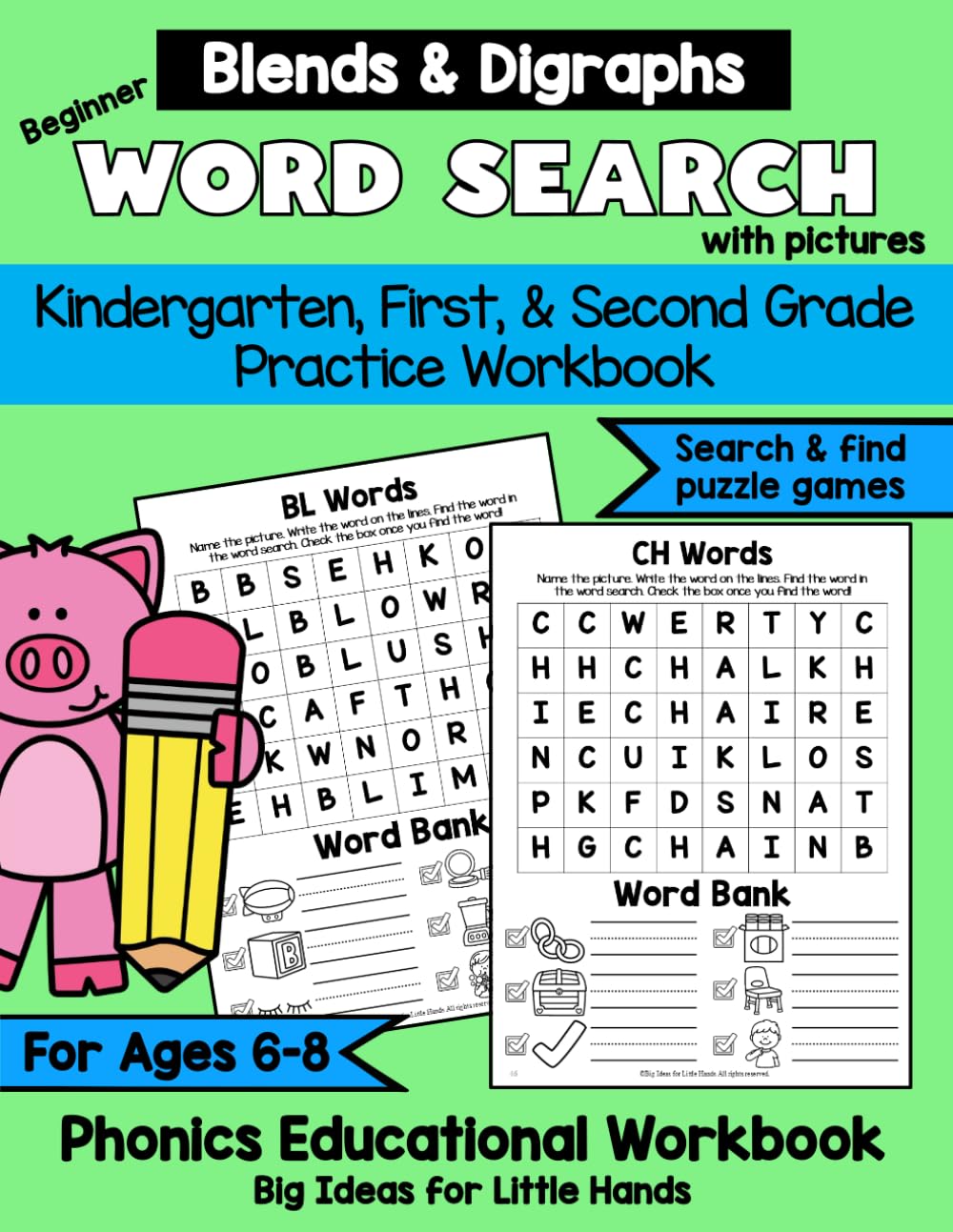 Beginner Word Search, Word Finder, and Search and Find Phonics Puzzles for Kids Ages 6-8: Digraphs and Blends Books,...