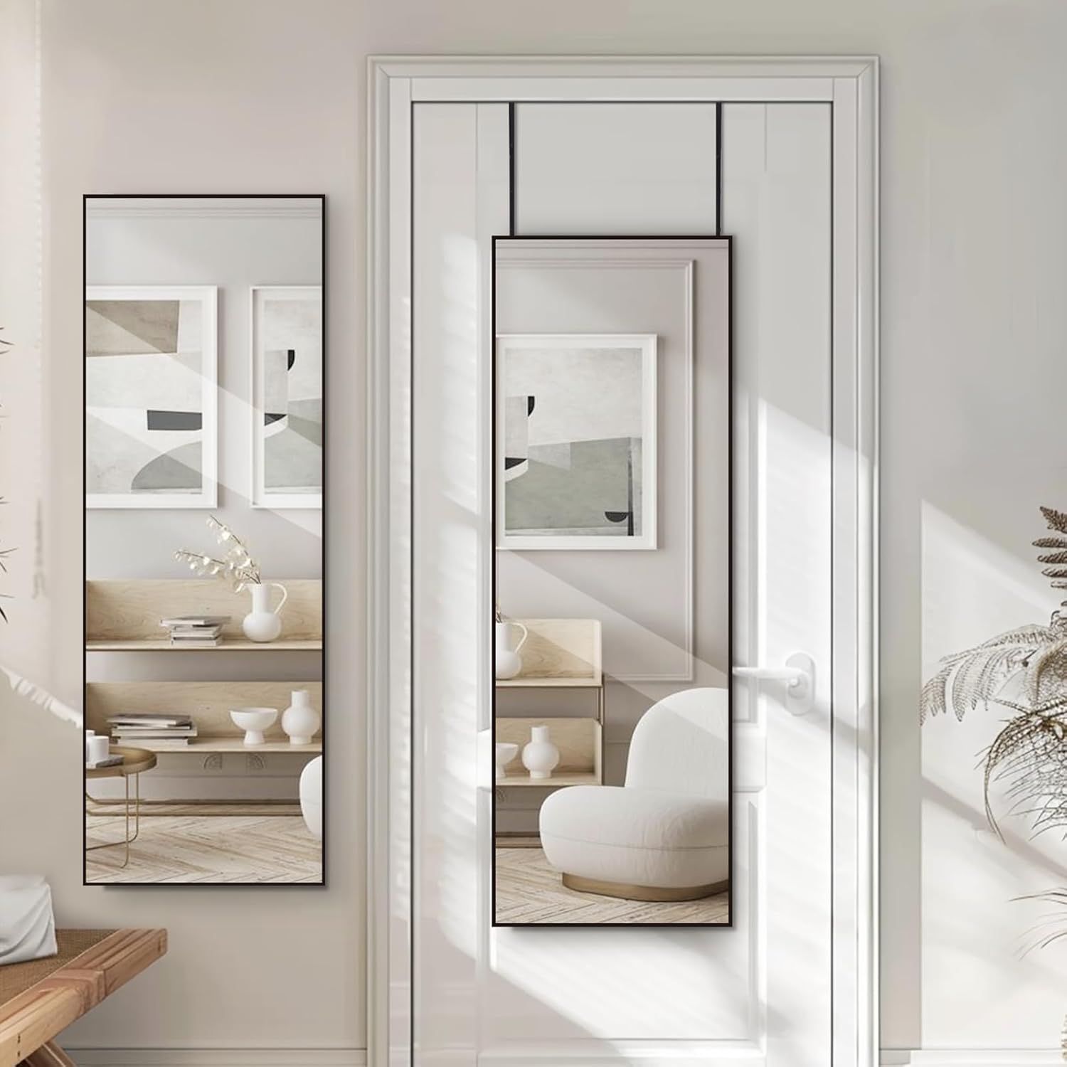47x14 Over The Door Mirror Full Length Hanging Door Mirror Wall Mounted Mirror for Bedroom Bathroom Dorm Long Full Body Mirror with Hanger Black 47 x 13.5 IN Black