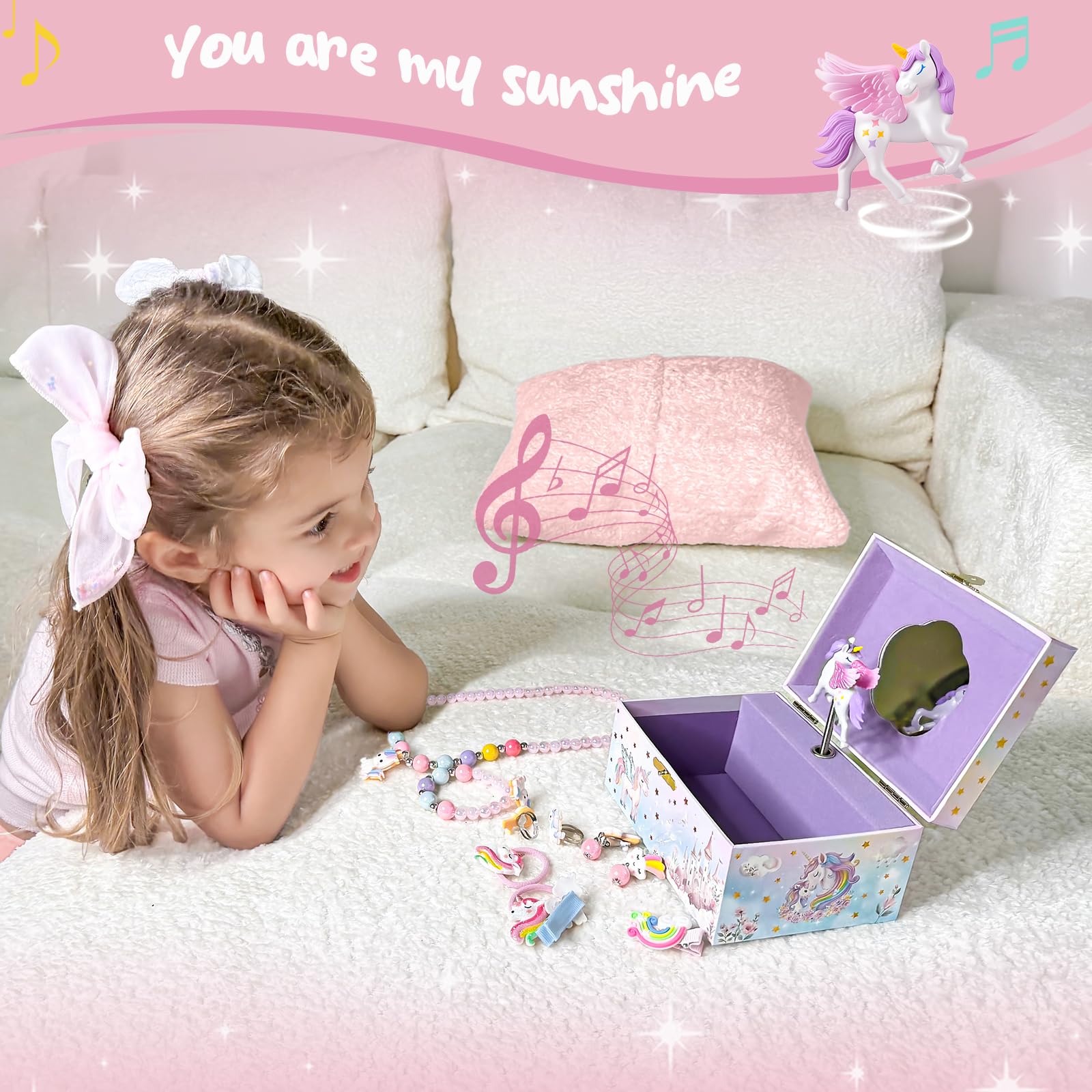ProCase Joyero Musical Infantil con Muñeca Unicornio Giratoria para Niñas, Organizador Caja de Collar Pendiente Pulsera Anillo - Rosa