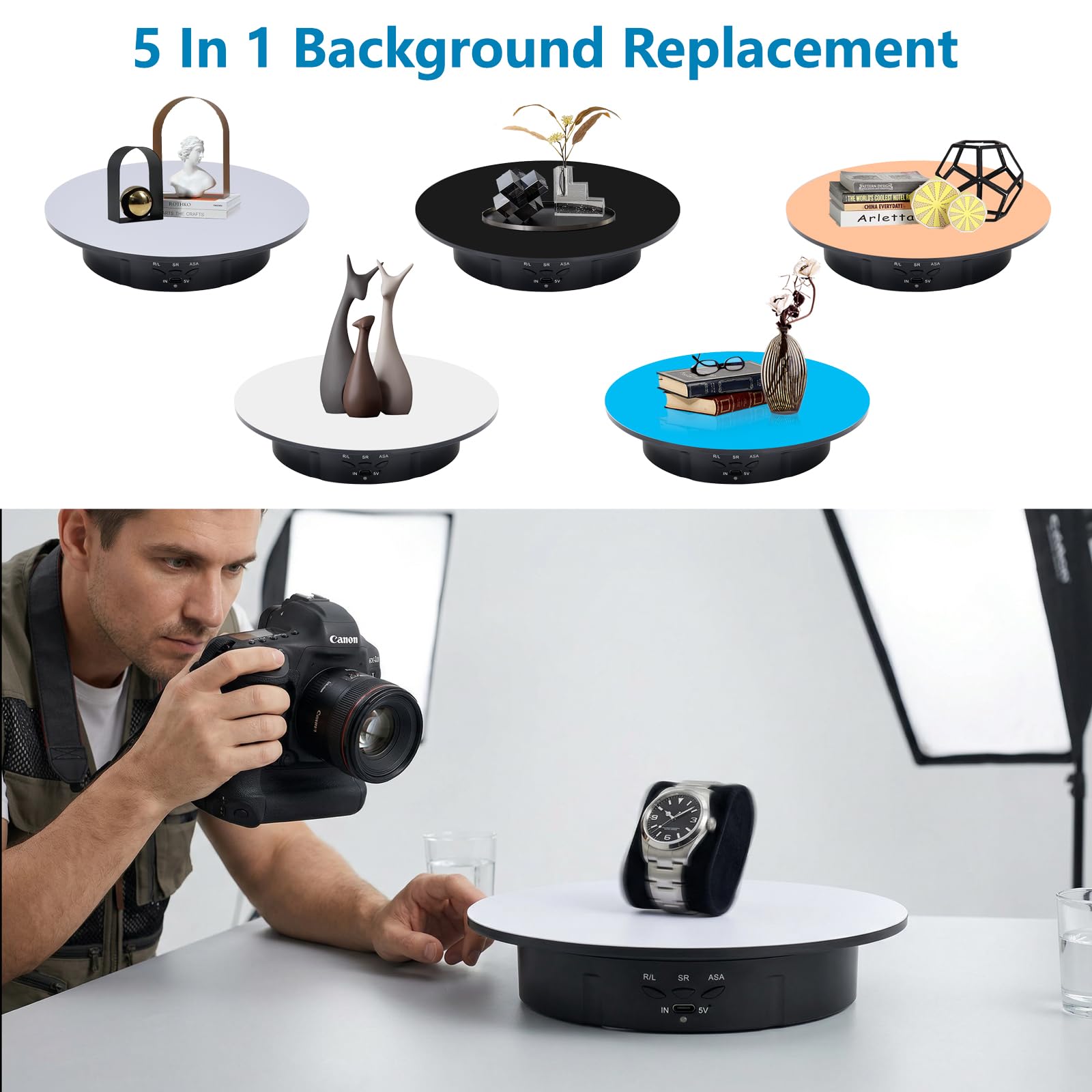 Plateau tournant électrique de 20 cm avec 5 fonds, plateau rotatif pour la photographie, rotation à 360°, capacité de charge de 8 kg, idéal pour les accessoires de tournage vidéo et les bijoux