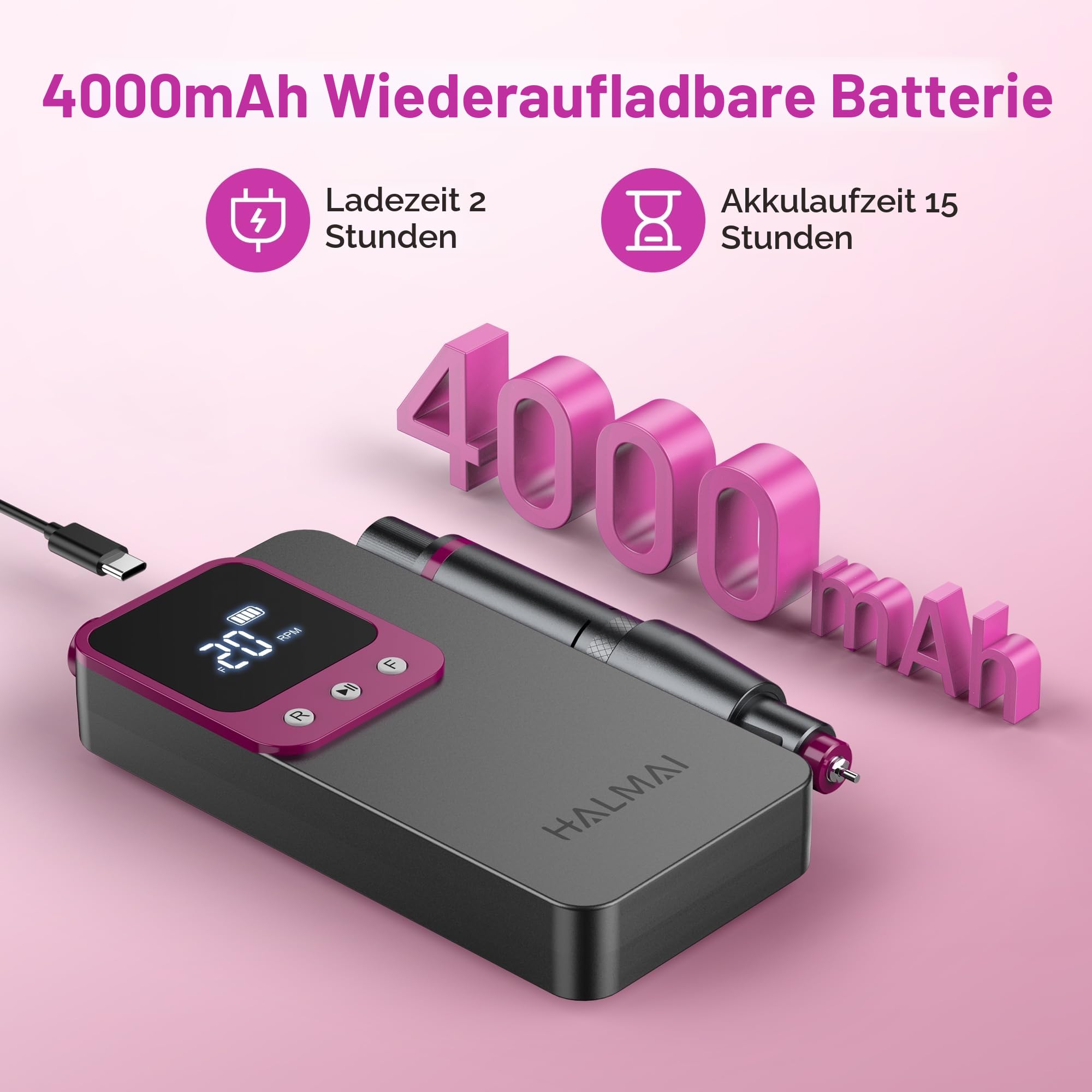 HALMAI Elektrischer Nagelfräser Professionell, Tragbare Nagelfeile für Acryl-Gel-Nägel, Kabelloses wiederaufladbares Nagelbohrer-Kit 40000RPM, HMC320 Salon-Grade Efeil-Nagelmaschine (Dunkelgrau)