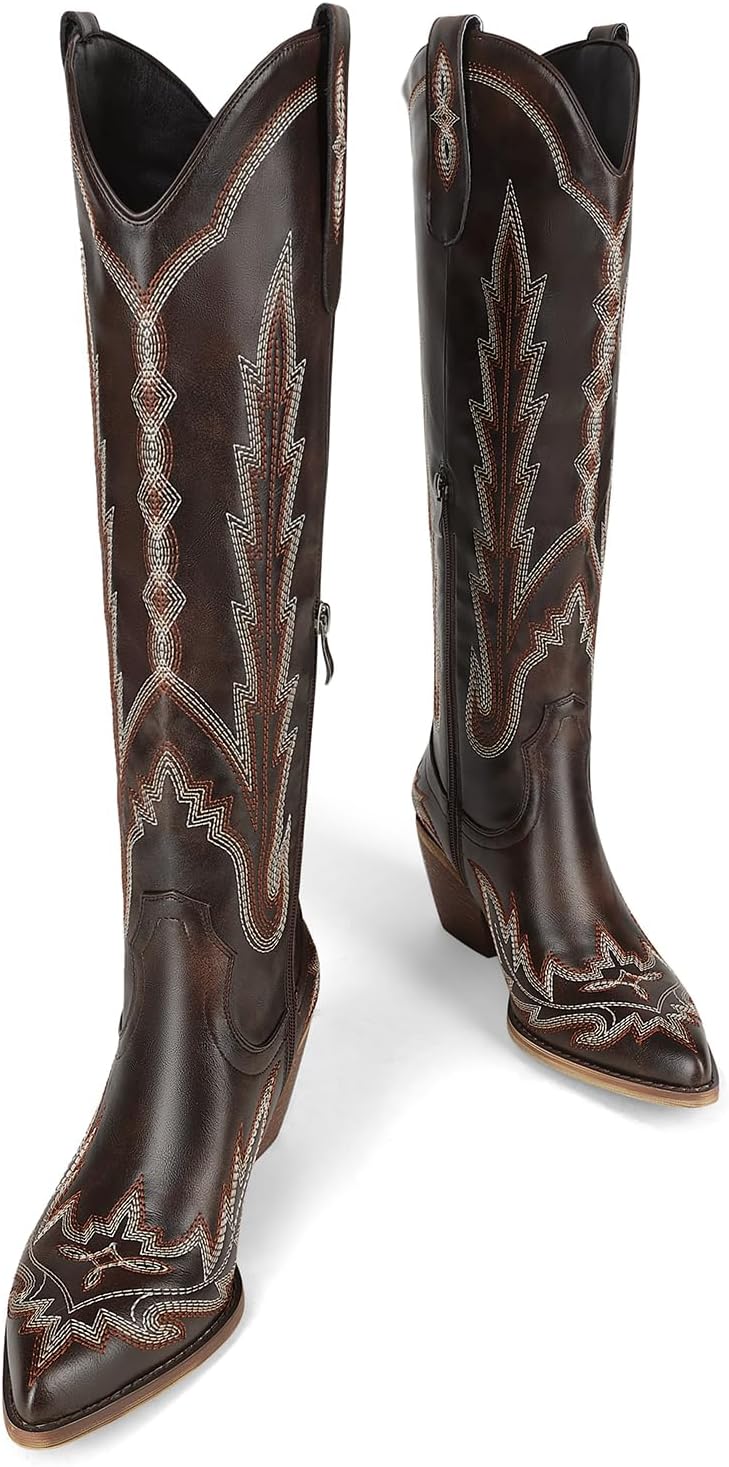 Cowboy Boots for Women Cowgirl Boots Mid Calf Western Country Pointed Toe Embroidery Chunky Heel Pull On Red