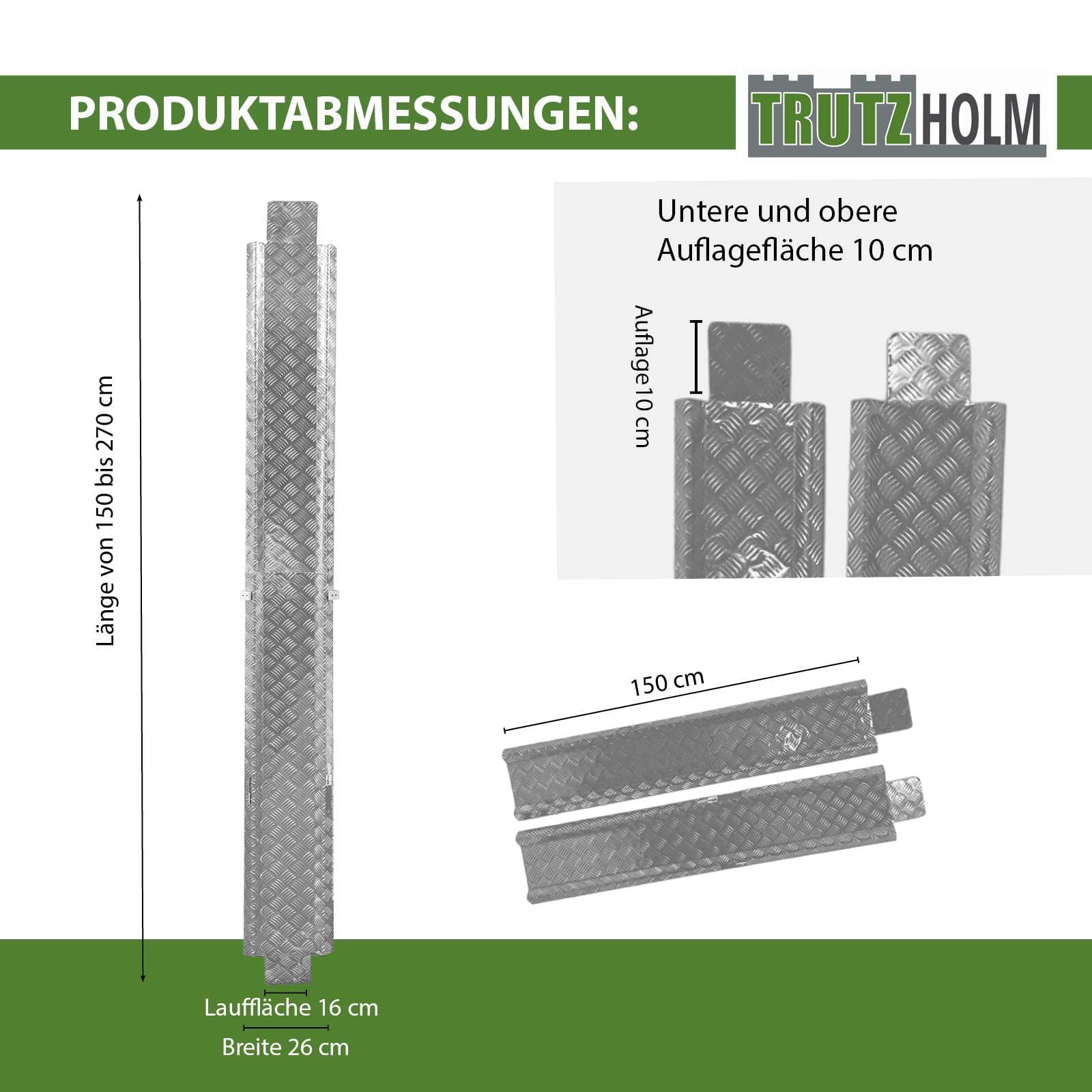 TRUTZHOLM Auffahrschiene Aluminium Länge 150-270 cm verstellbar Traglast 50 kg Treppenrampe für E-Bike Fahrrad Mofa mit rutschfestem Tränenblech Rampe Fahrradrampe leicht mit gummierter Auflage