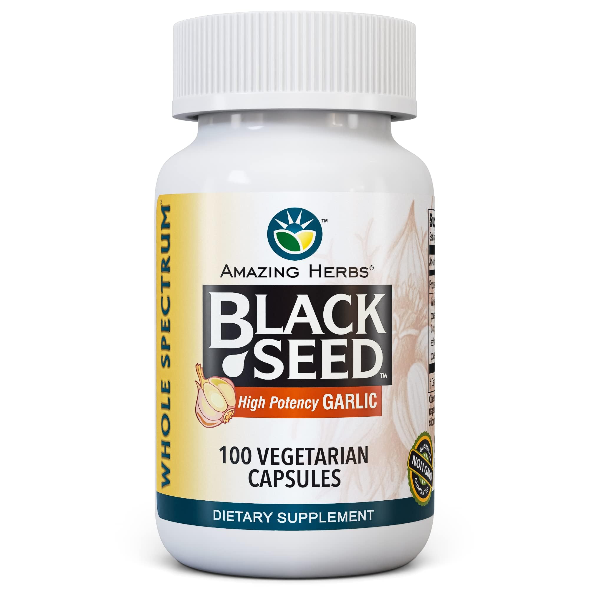 Amazing Herbs Whole Spectrum Black Seed Oil & High Potency - 100 Count Garlic 100 Count (Pack of 1)