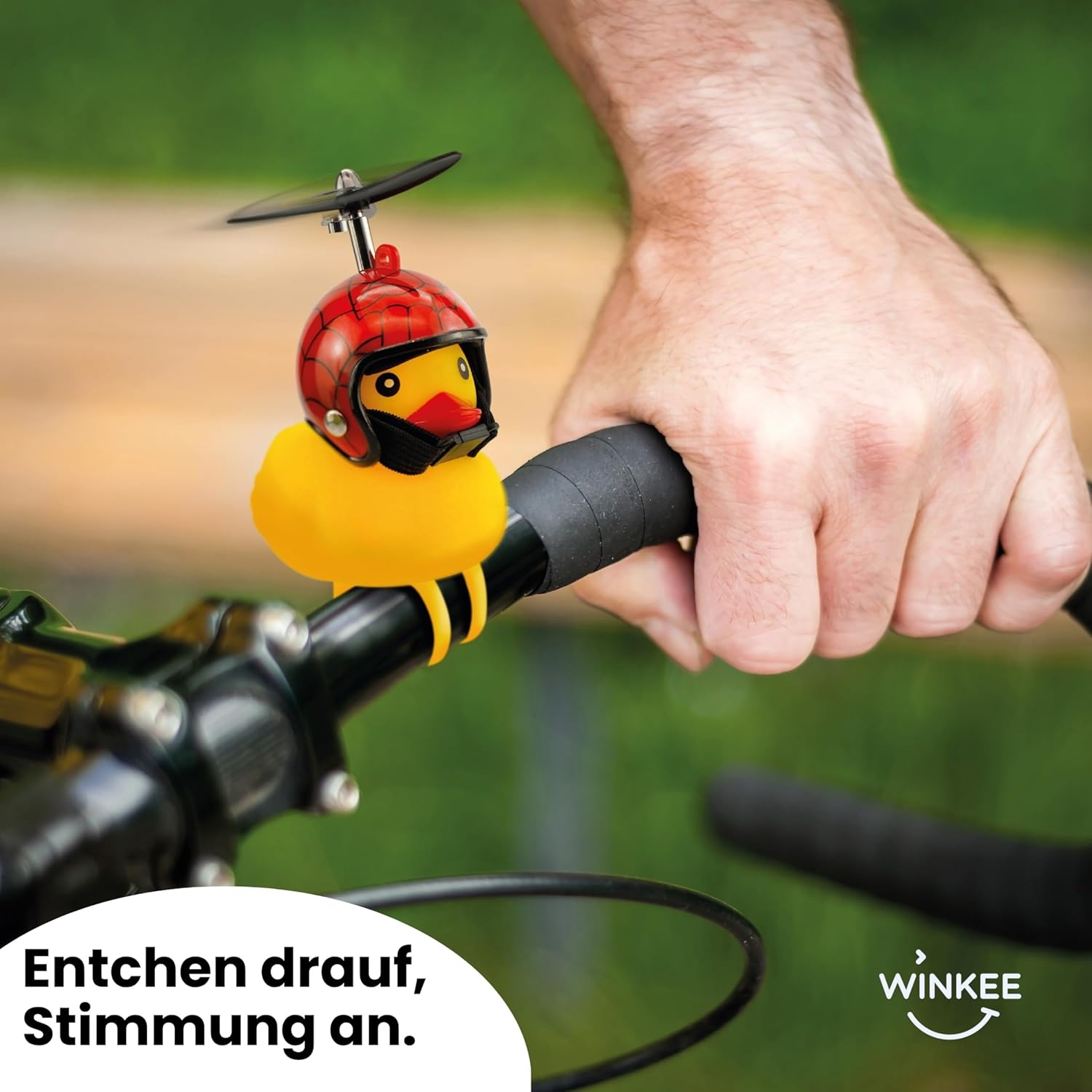Winkee - Bicycle Squeaky Duck with Helmet | The Cute Bicycle Horn with Helmet and Propeller | Squeaky Duck Bicycle - Cat | Duck - Kitten with Helmet | Rubber Bike Decoration