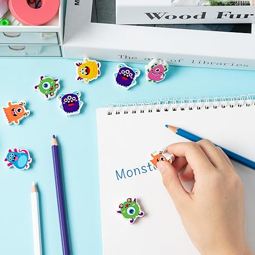 Miniatura 5 de Haooryx 60 mini borradores de monstruo de Halloween para niños, monstruo de dibujos animados, varios borradores de lápices 3D, borradores de