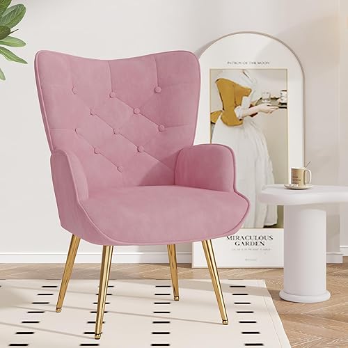 Nalupatio Silla decorativa moderna de mediados de siglo, sillón tapizado de terciopelo con patas de metal, silla auxiliar con respaldo de ala con