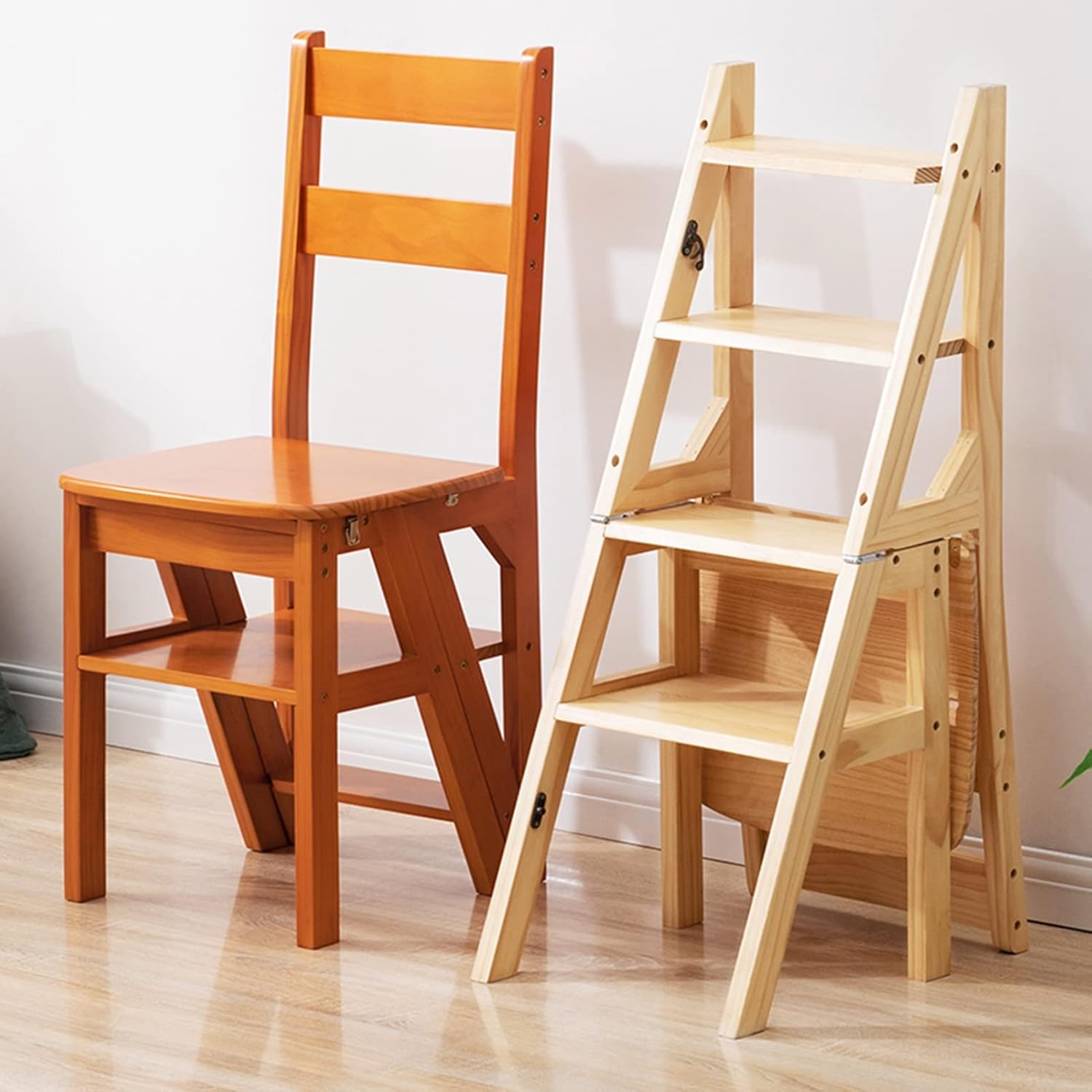 Solid Wood Folding Library Ladder Chair Step Ladders Step Chair Foldable 4 Step Climb Step Display Stand Flower Stand Brown 46x35x90CM