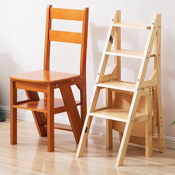 Solid Wood Folding Library Ladder Chair - 4-Step Stool Dual Purpose Stepladder - Climb Display Stand Flower Stand (Color: Wood, Size: 46x35x90CM)