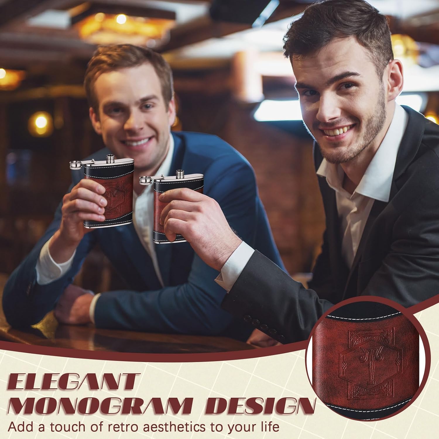 Baderke Leather 8 oz Flask for Men Groomsmen Gift, Black, Brown, Letter T image 4